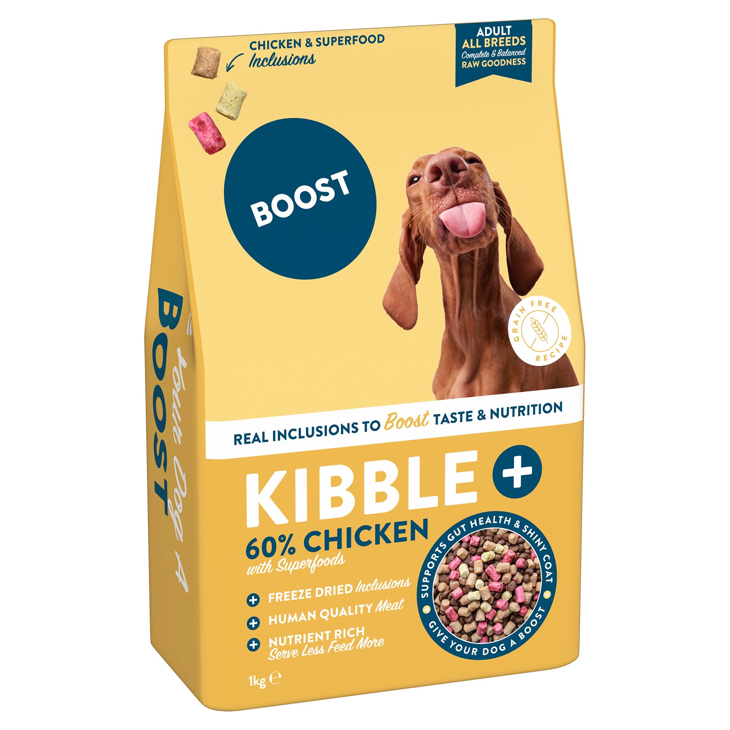 BOOST Pet Food Dog Kibble Plus Chicken - Freeze-Dried Raw Dry Food Kibble for Adult Dogs, Grain Free, Made with Real Chicken, Complete Nutritional Meal for Pets, Nothing Artificial - 1kg