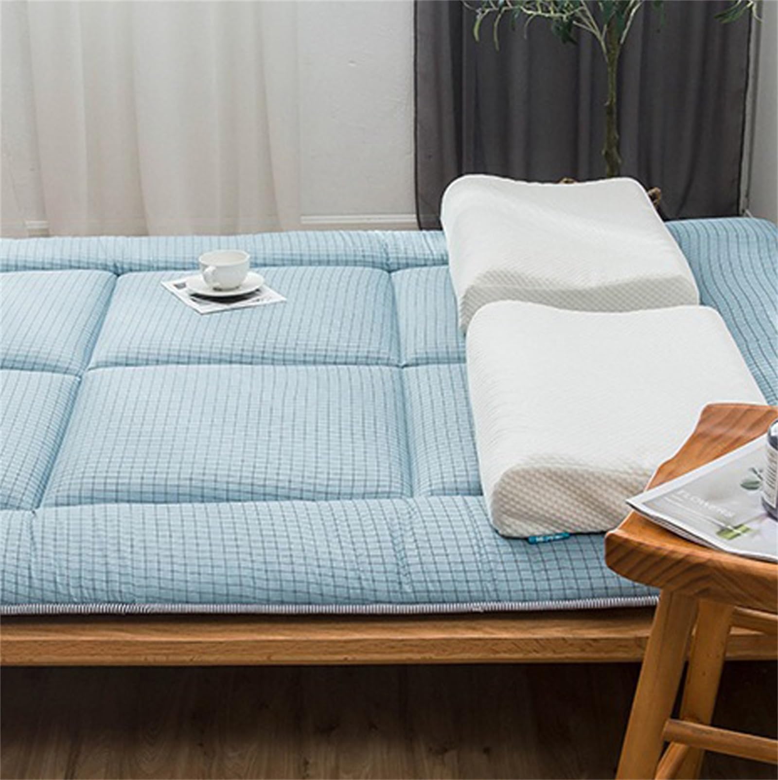 Materasso da pavimento giapponese a quadri, futon in cotone pieghevole e lavabile, spesso arrotolabile, tatami, letto per gli ospiti, comodo materasso da terra per salotto da campeggio (blu, 120 x 200