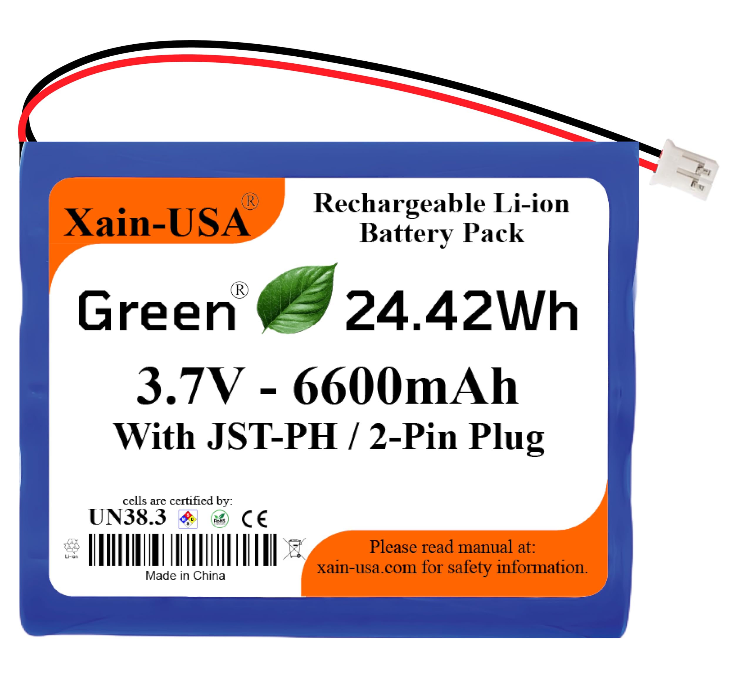 3.7V 6600mAh 1S3P Rechargeable Li-ion Battery Pack, JST-PH2.0 2-pin Connector, Compatible with Simplehuman Mirrors ST3024, ST3026, ST3028, BT1080, Arduino Projects, RAK LoRa Board,2GIG Panel
