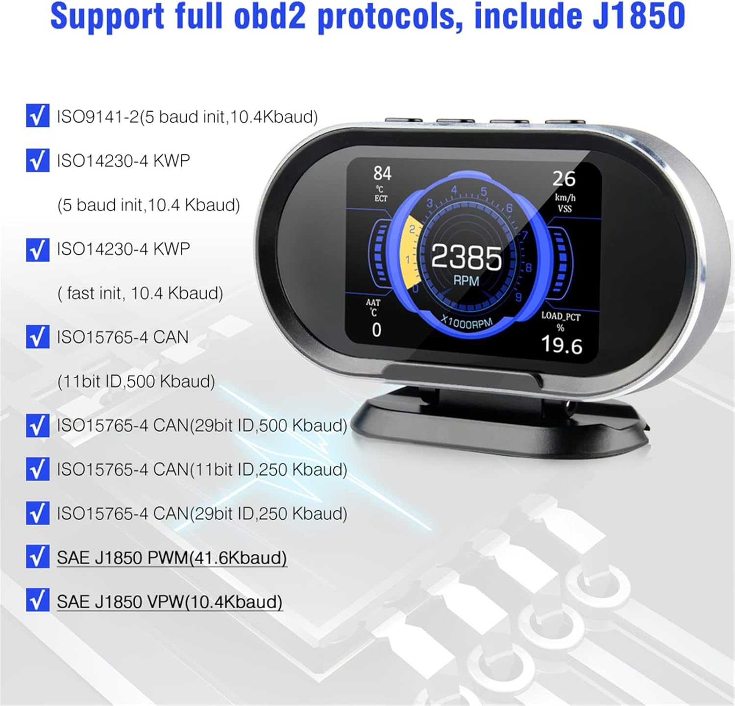 List of supported OBD2 protocols by the KW206, including ISO9141-2, ISO14230-4 KWP, ISO15765-4 CAN, SAE J1850 PWM, and SAE J1850 VPW.
