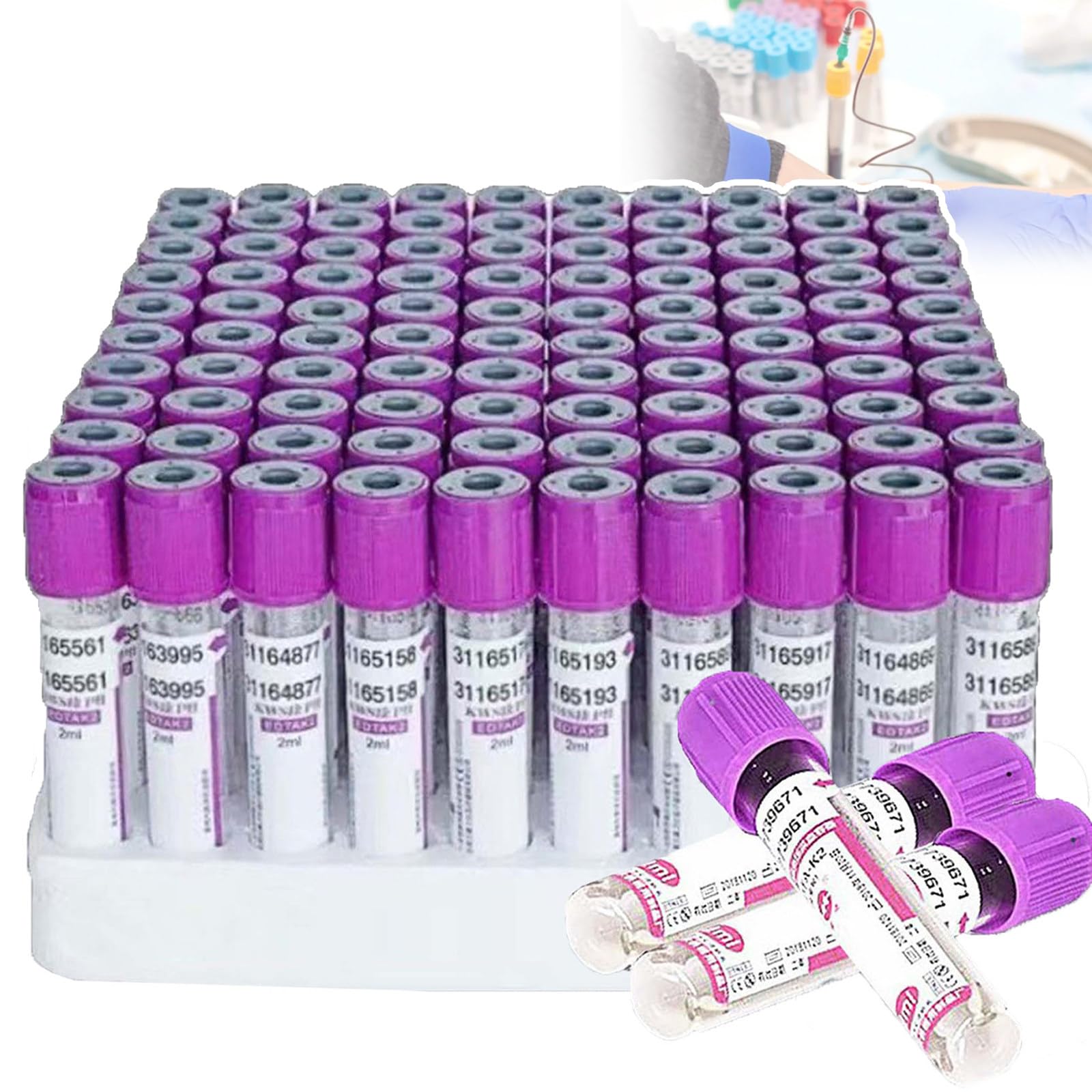 Tubo De Extracción De Sangre Al Vacío(100 Unidades), 2 Ml, 5 Ml Y 10 Ml, De Vidrio Anticoagulante con Edta K2, con TapóN De Rosca Morado, para ClíNicas Veterinarias, Laboratorios,10ml