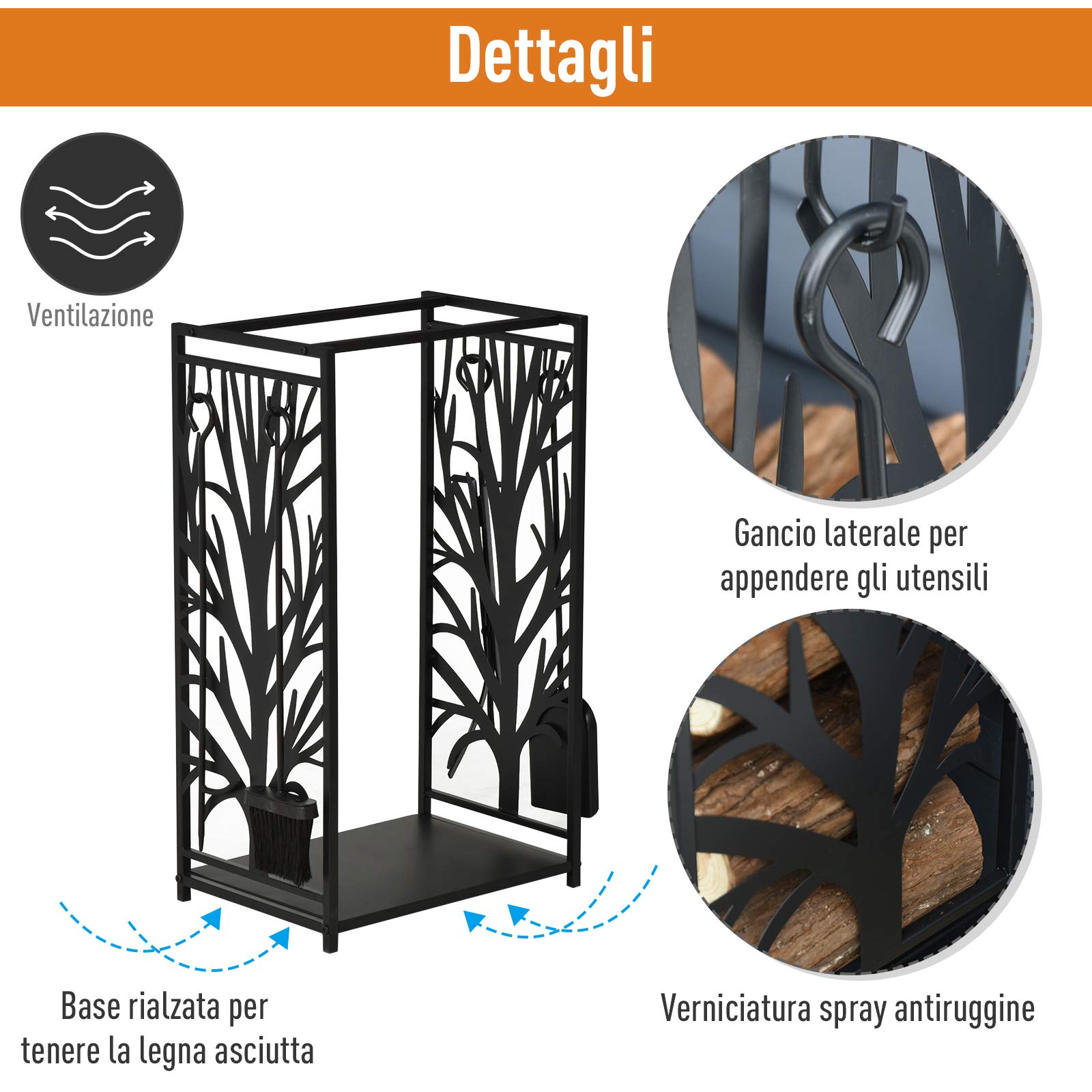 HOMCOM Potalegna per Camino in Acciaio e Antiruggine, Porta Legna per Interni ed Esterni con Design Elegante e 4 Attrezzi, 46x30x70 cm, Nero