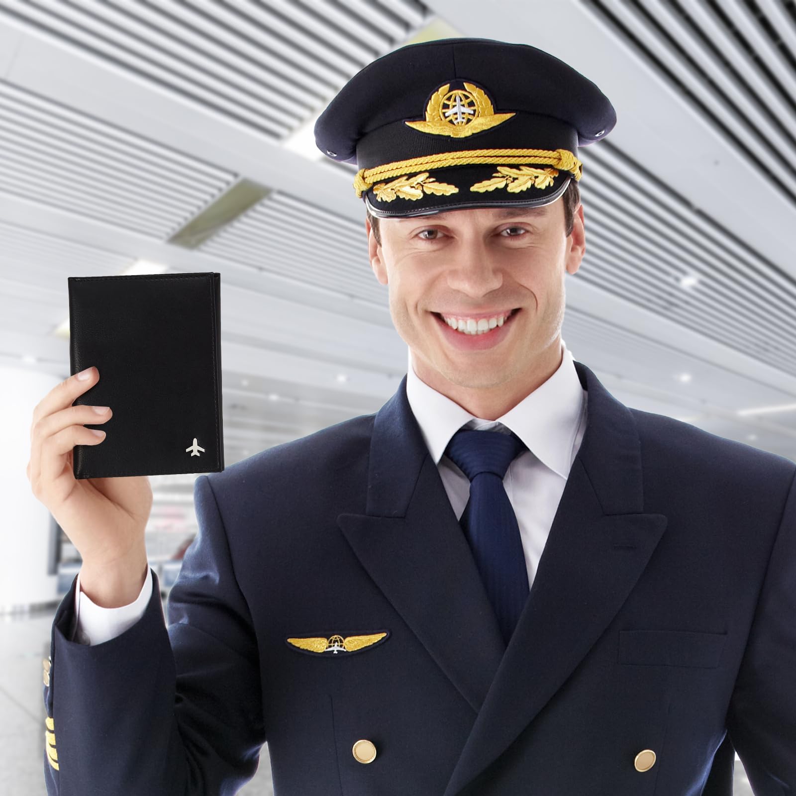 Billetera de piloto para pasaporte para viajes, bloqueo RFID, soporte de documentos de viaje de cuero genuino con caja de regalo, cartera de pasaporte para pilotos, hombres y mujeres, Negro -, Classic 7
