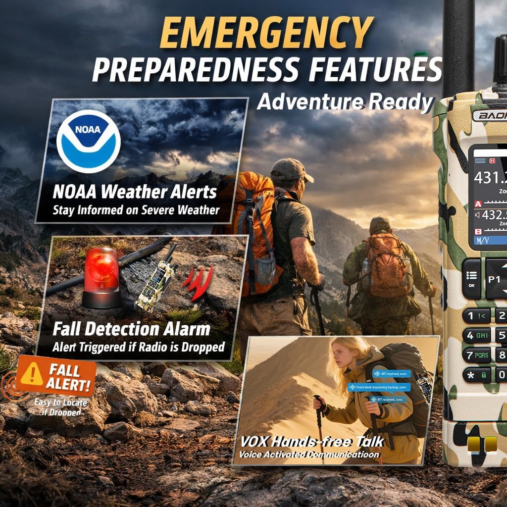 BAOFENG UV-32 Ham Radio Camouflage: 10W Long Range Handheld Walkie Talkie with GPS for Outdoor - Weather Radios with NOAA Alerts for Emergency Security - an Extra Gooseneck Antennas Type-C Charger