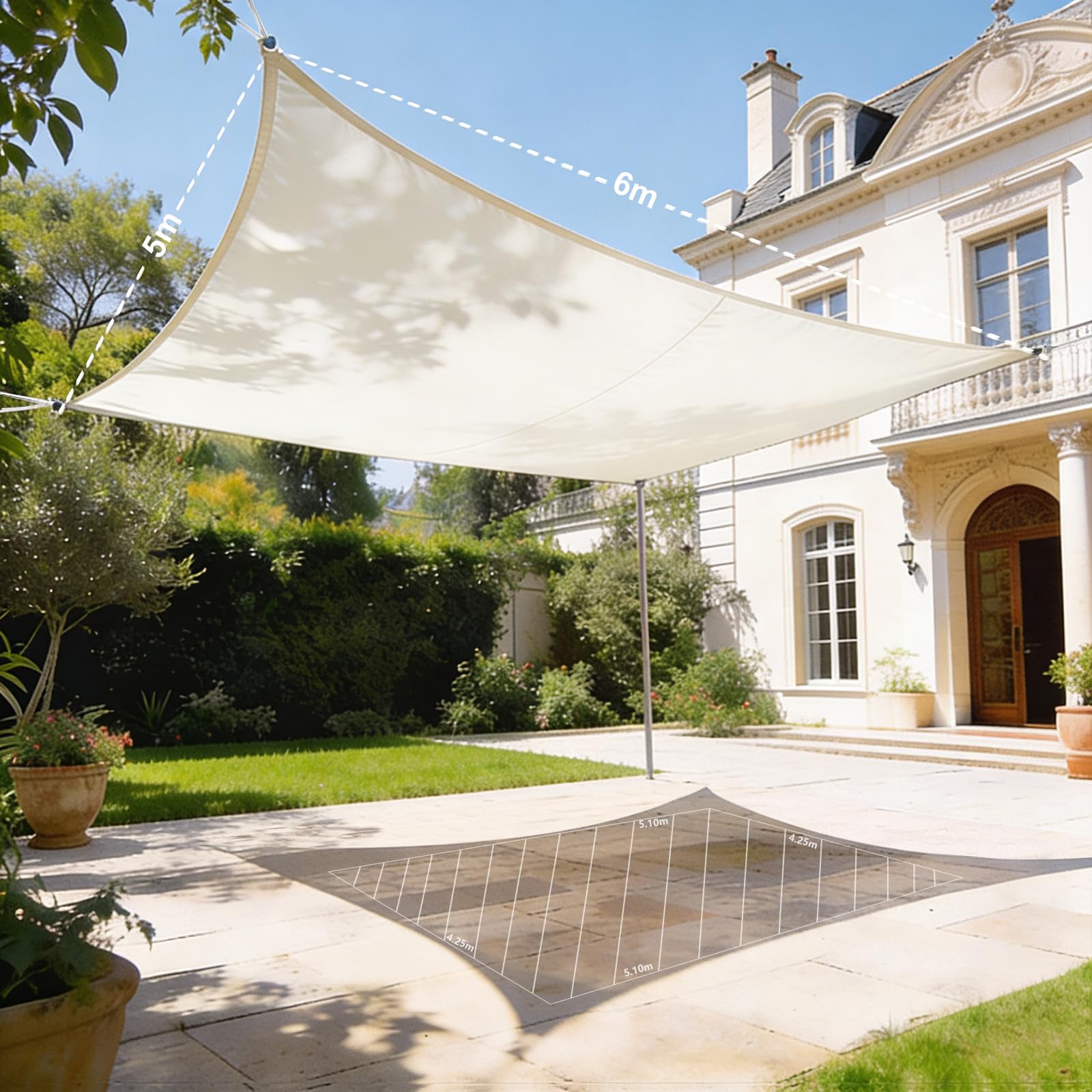 HAIKUS Voile d'ombrage Imperméable Rectangulaire 5x6m, Toile Ombrage PES Résistant à l'eau, Fliet dombrage Rectangle 6x5m, Résistant 98% Protection Rayons UV pour Patio Terrasse Extérieur, Crème 5x6