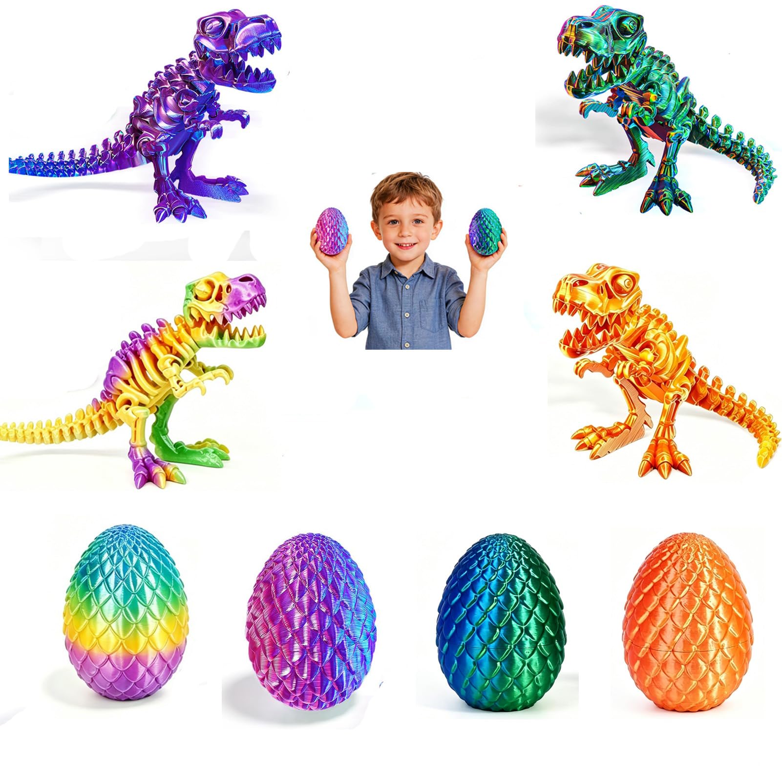 Bambebe 4PCS 3D Printed Dinosaur Easter Eggs, Skeleton T-Rex Figure with Large Storage Crystal Eggs, Fidget Dinosaur Toys, Perfect Easter Basket Stuffers Birthday Gifts for Kids Boys Girls