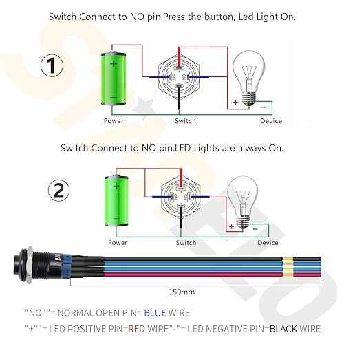 Miniatura 3 de STARELO 5 interruptores de botón momentáneos LED de 0.472 pulgadas, carcasa negra con precableado, interruptor de botón impermeable IP65, 1NO 1