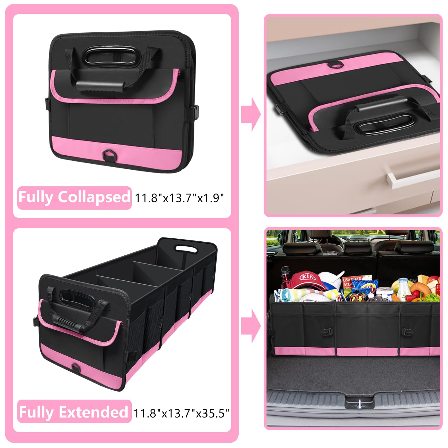 Trunk Organizer for Car, 95L Large Capacity Trunk Storage with Non-Slip Bottom Strips, Cargo Organizer for Suv, Truck, Sedan, Waterproof Portable Car Organizers for Women Men(Pink)