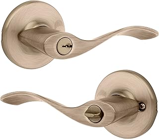 Kwikset Balboa Entry Door Handle with Lock and Key, Secure Keyed Reversible Lever Exterior, for Front Entrance and Bedrooms, Antique Brass, Pick Resistant Smartkey Rekey Security and Microban