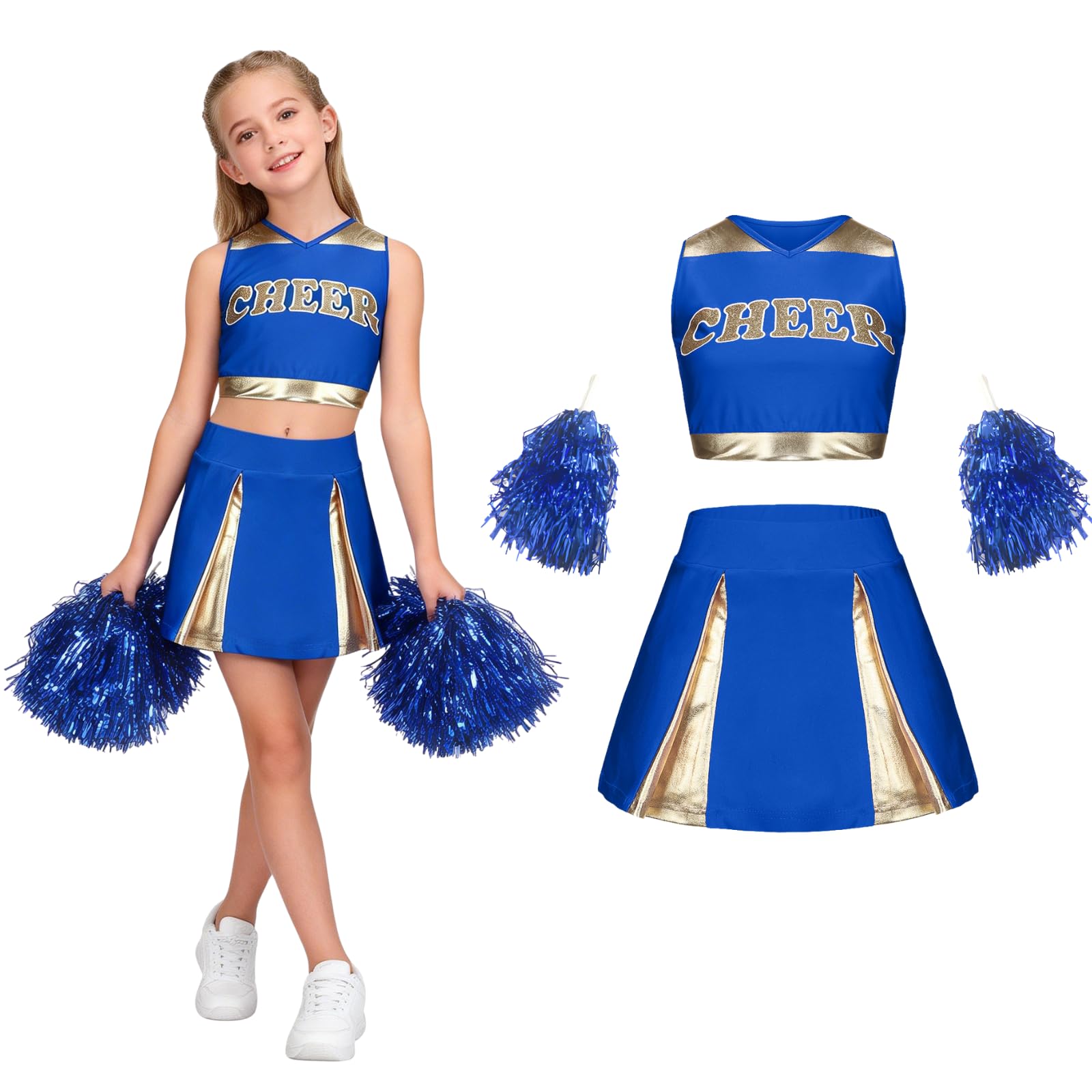 maxToonrain Girls Cheerleader Costume Shiny Gold Accents 3 PCS Kids Cheerleader Outfit with Pom Poms, Top