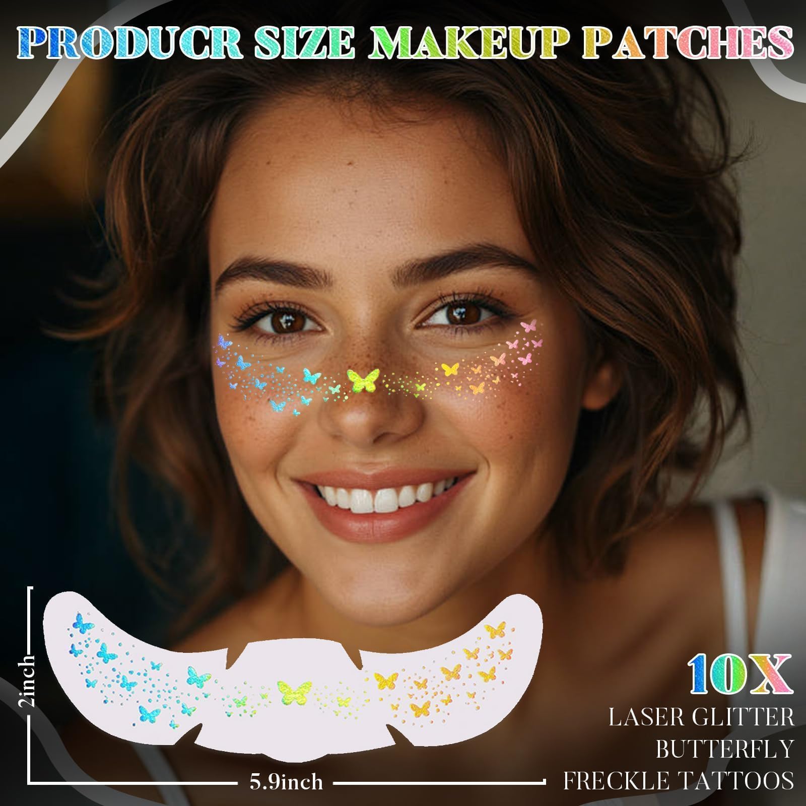 Prreal Glitter Freckles Face Tattoo,10PCS Laser Butterfly Freckle Tattoos,Waterproof Natural Temporary Fake Freckles Sticker Face Glitter,Sparkle Faux Makeup Patches Carnival Festival Accessories - Image 3
