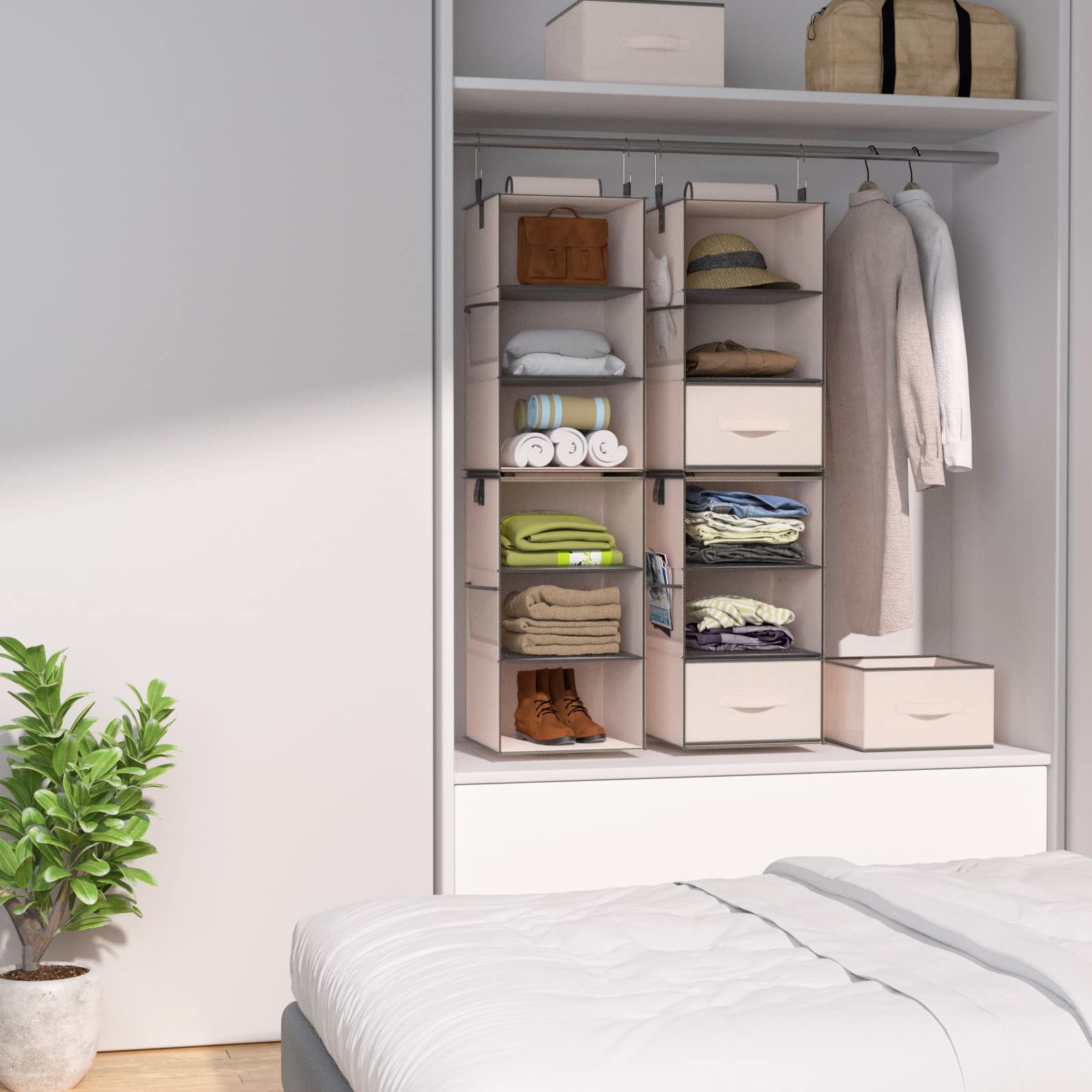 YOUDENOVA Hängeschrank-Organizer mit 6 Ablagen, zwei 3 Ebenen, teilbar, robuste Pullover-Aufbewahrung im Kleiderschrank, Segeltuch, 30,5 cm B x 30,5 cm T x 106,7 cm H, Beige