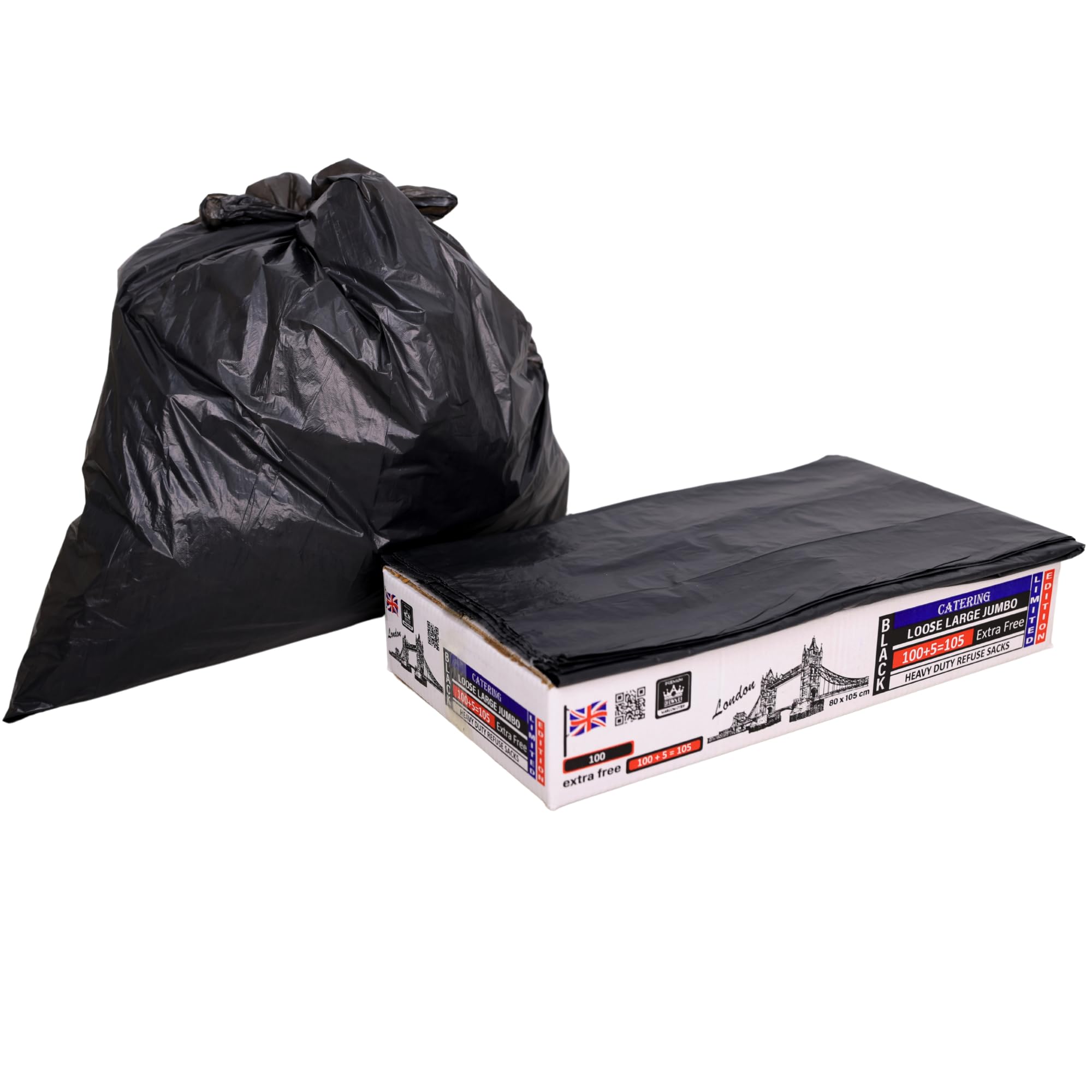 Premium Crown01 - Bolsas de basura extra fuertes para uso comercial, jardín, cocina, oficina, catering, restaurantes, 90 litros, ecológicas, 100 + 5 gratis (105 x 80 cm)