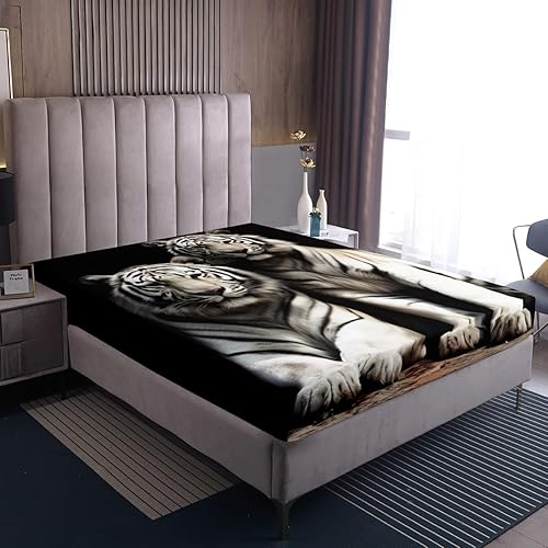 Miniatura 3 de Erosebridal Juego de ropa de cama de tigre blanco con bolsillo profundo, sábana bajera ajustable con estampado de animales 3D tamaño Queen para
