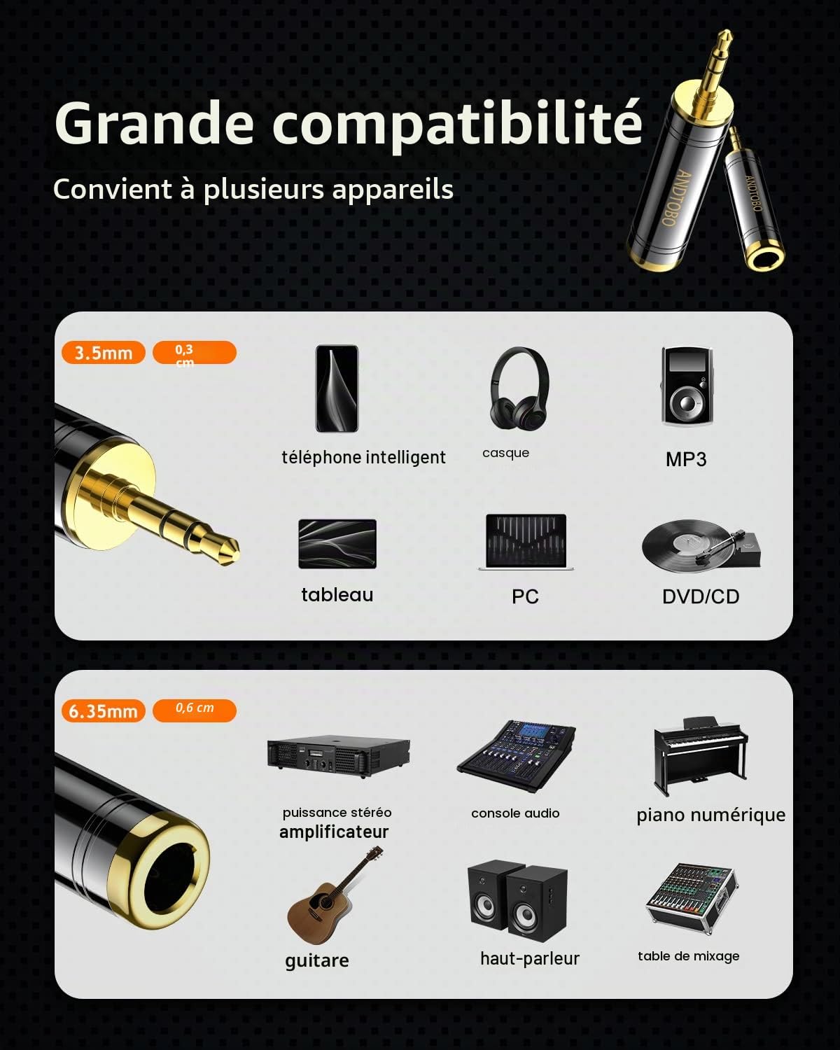 ANDTOBO Adaptateur Casque stéréo 1/4" vers 3,5 mm Jack Femelle 6,35 mm Noir