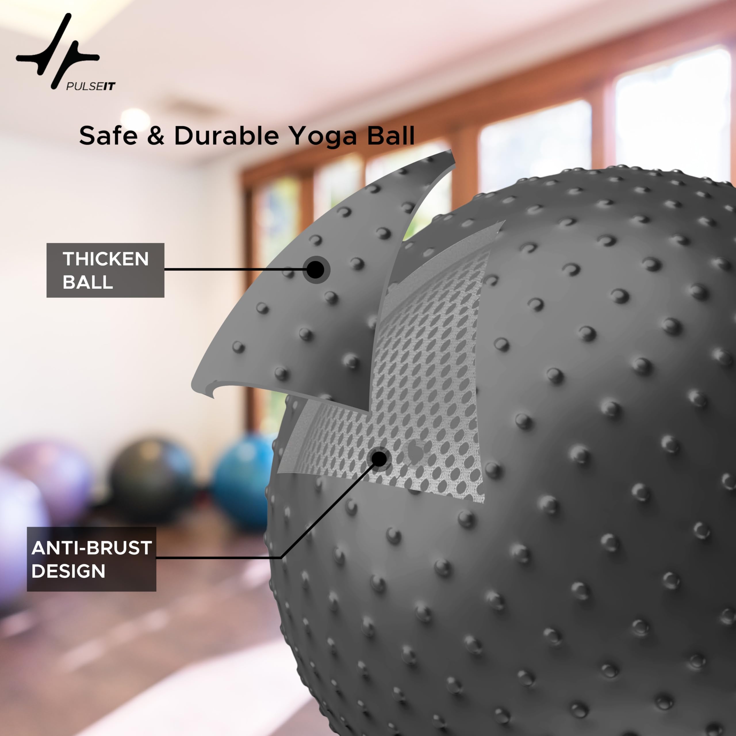 PULSEIT FlexSphere Anti-Burst Spiky Gym Ball with Foot Pump Exercise Stability Ball for Yoga, Pilates, Balance Training, Core Strength, Home & Office Fitness for Men & Women (65cm-Black) 2