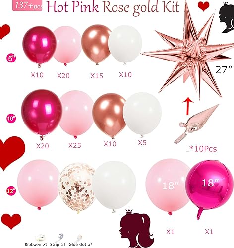 Miniatura 7 de Kit de guirnalda de globos de oro rosa magenta, 137 globos cromados de doble relleno, color rosa intenso y blanco con forma de estrella para niñas