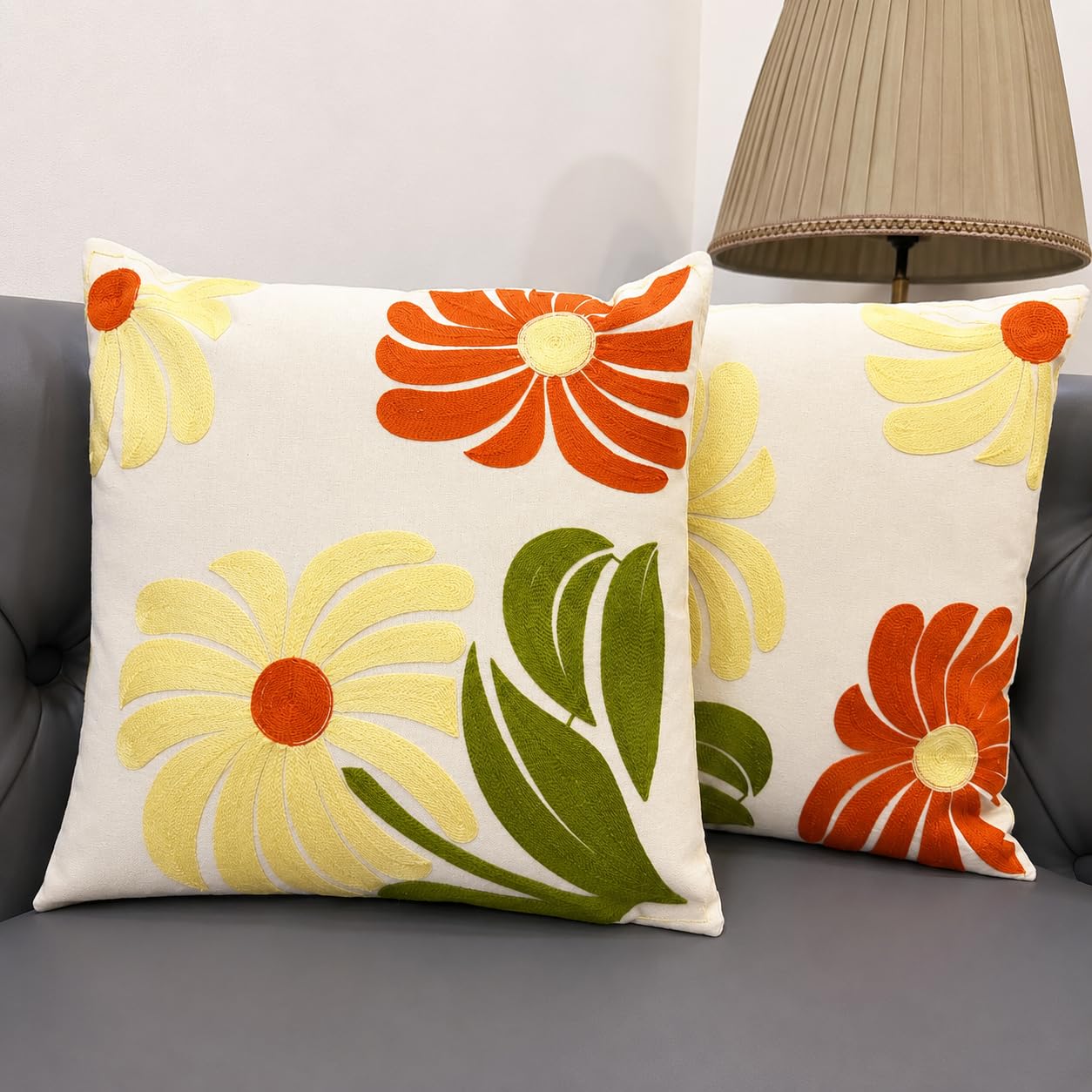 GOODVIBES Floral Cotton Cushion Cover 40 x 40 cm, Set of 2 | Daisy Design, Orange & Yellow-picture-11
