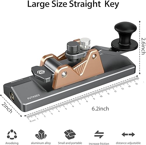Miniatura 7 de Mini CW Key Morse Radio HAM Big Double Paddle Código Morse Llave Cuerpo de aleación de aluminio con base de altavoz Gris