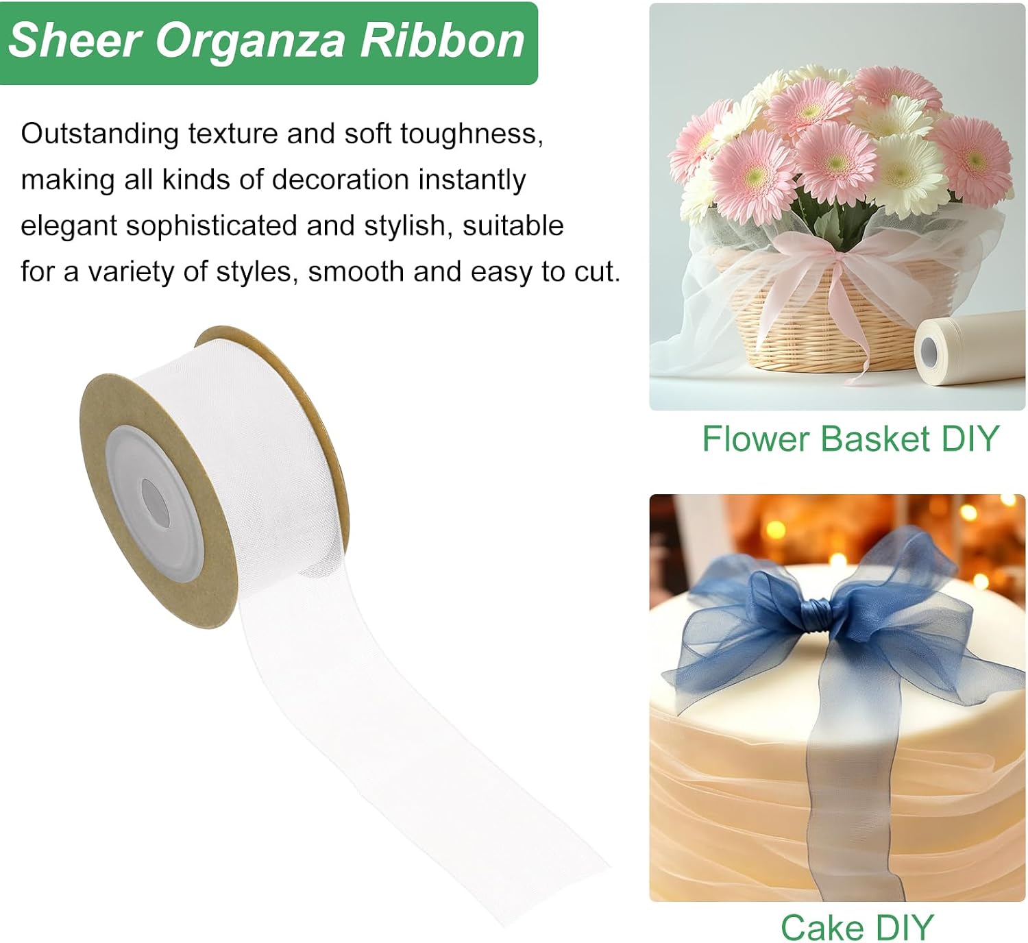 MECCANIXITY 3 Roll Sheer Organza Ribbon, Organza Ribbon 1 Inch 10 Yard Sheer Ribbon for Gift Wrapping Christmas Tree Crafts Bows Wedding Wreaths Wrap, White
