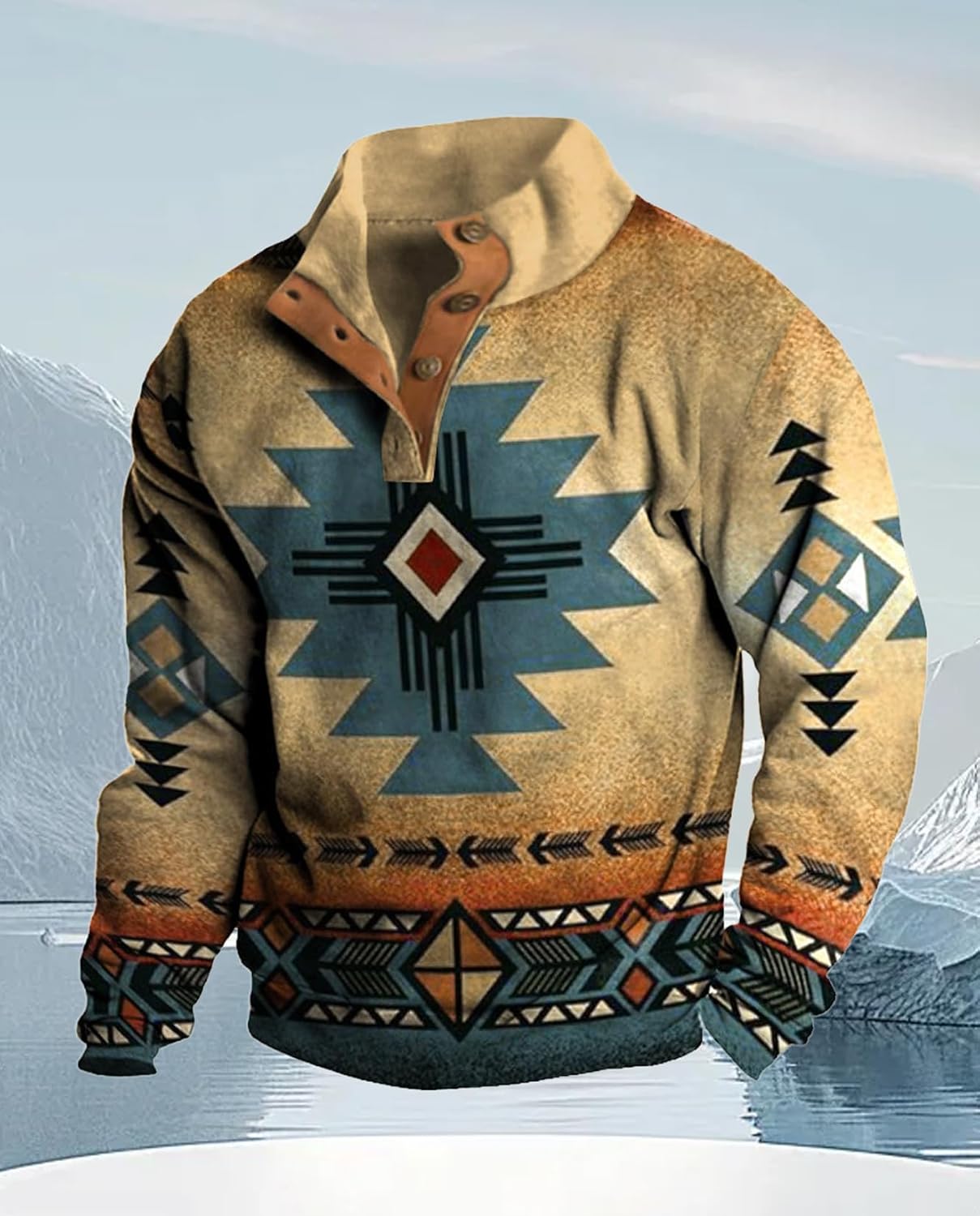 Western Sweatshirts for Men Aztec Ethnic Print Quarter Zip Pullover Fleece Hoodies Casual Stand Collar Sweatshirt - Image 4