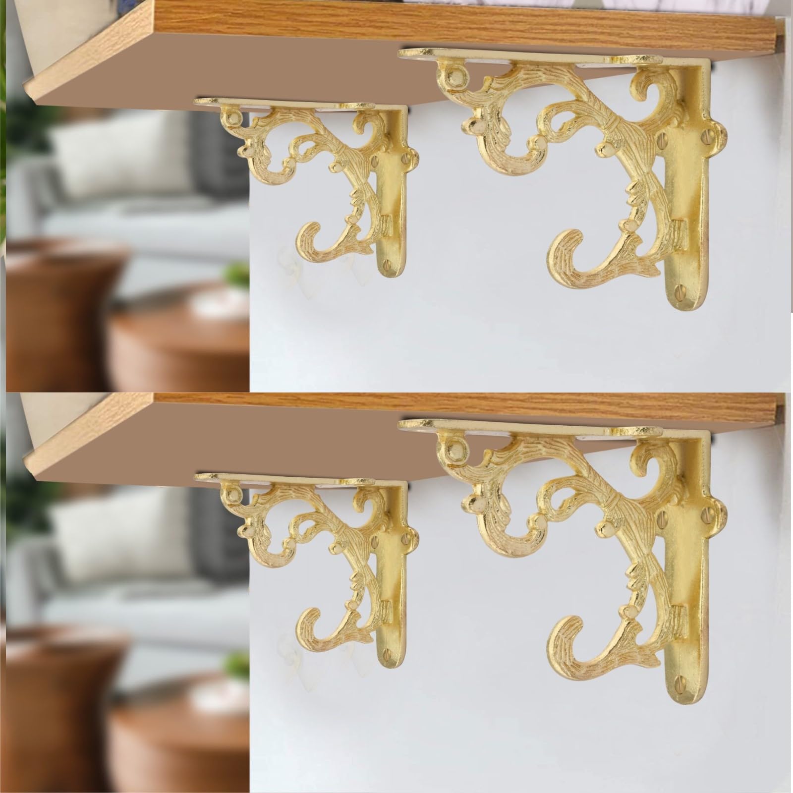 Metal Handcrafted Shelf Bracket for Floating Shelves L Angle Decorative L Shaped Corner Brace Joint Heavy Duty Wall Mounted Shelf Supporter Corner Brace Holder (Pack of 4, Gold)-image-33