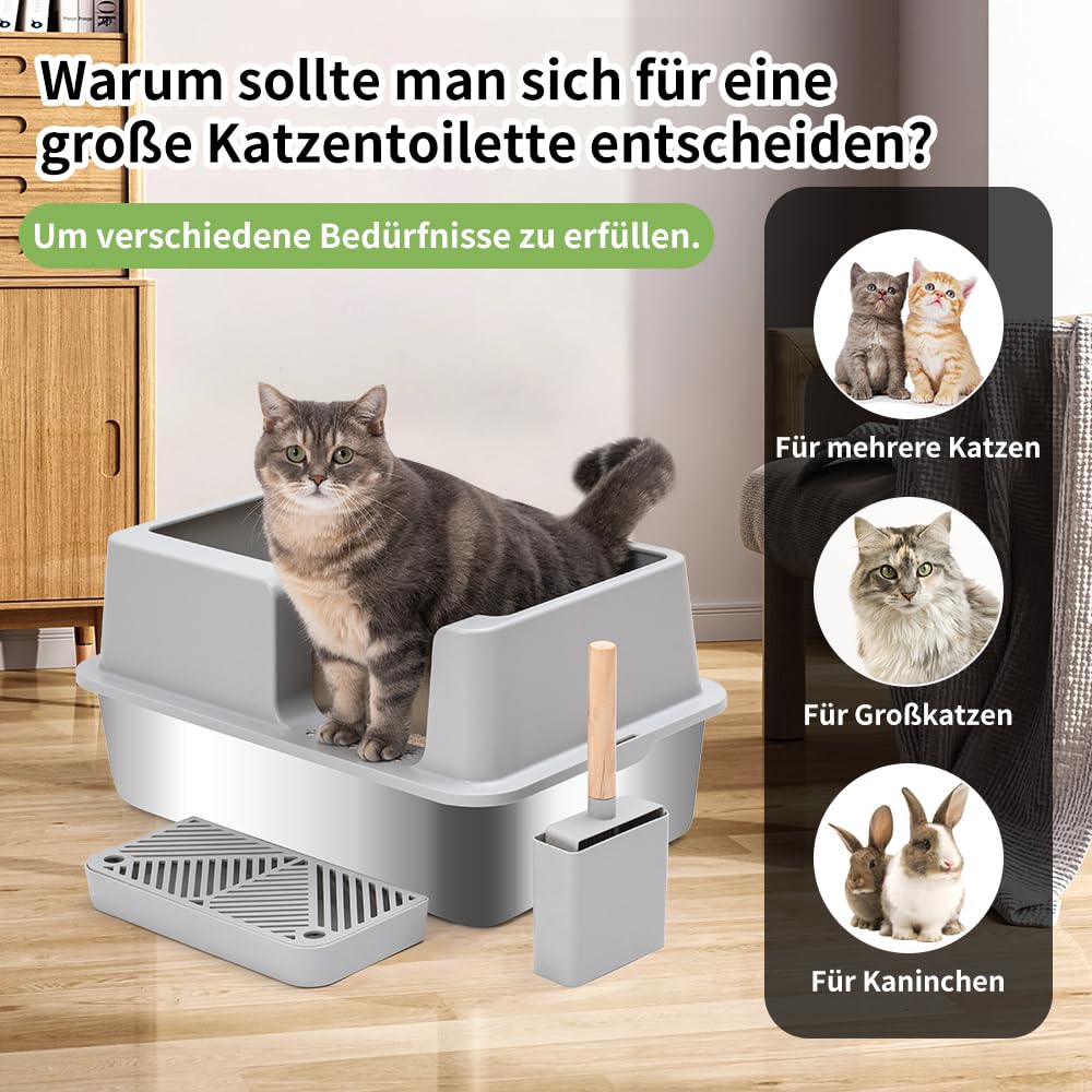 KMNSUN Lettiera Gatto Grande, 61x 41x 31CM XXL Lettiera per Gatti in Acciaio Inox, Ingresso Laterale (per Evitare Che la Lettiera del Gatto Voli Fuori), Pedale Antiperdita per la Sabbia