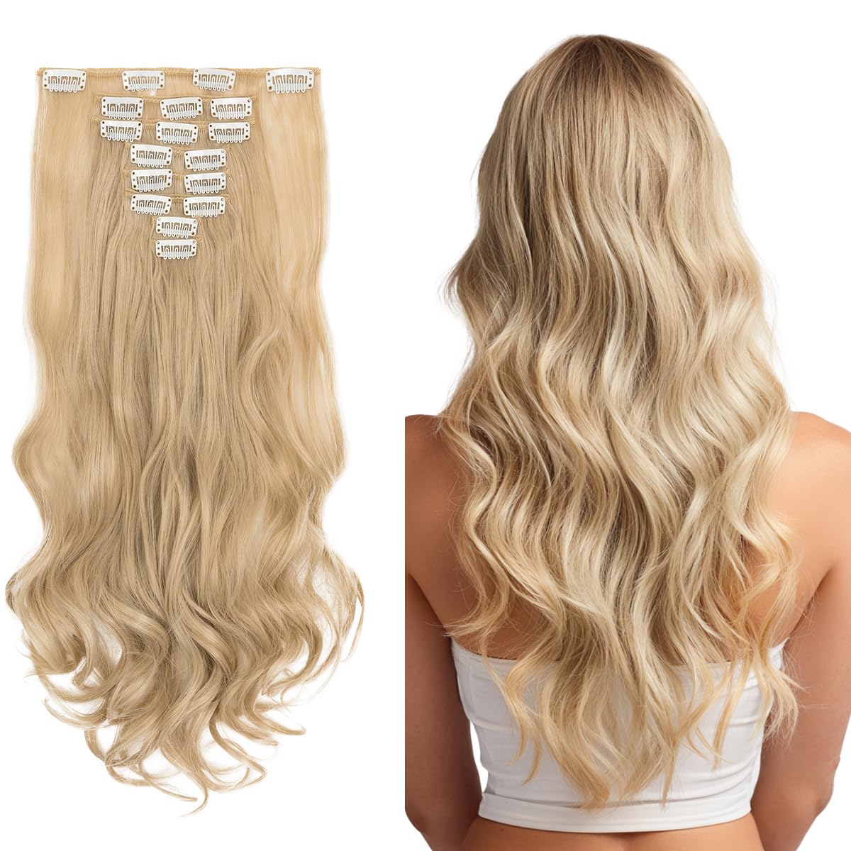 SEGO Pro Clip in Hair Extensions 8 Pcs 18 Clips Full Head Synthetic Fiber Hair Pieces for Women Curly 17 Inch (Natural Blonde & Bleach Blonde)