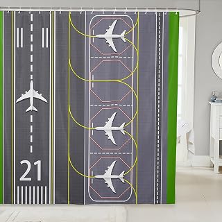 Castle Fairy Airplane Shower Curtains,Airport Runway Bath Curtain,Airplane Bathroom Decor Set with 12 Hooks for Bathtub,72" Long