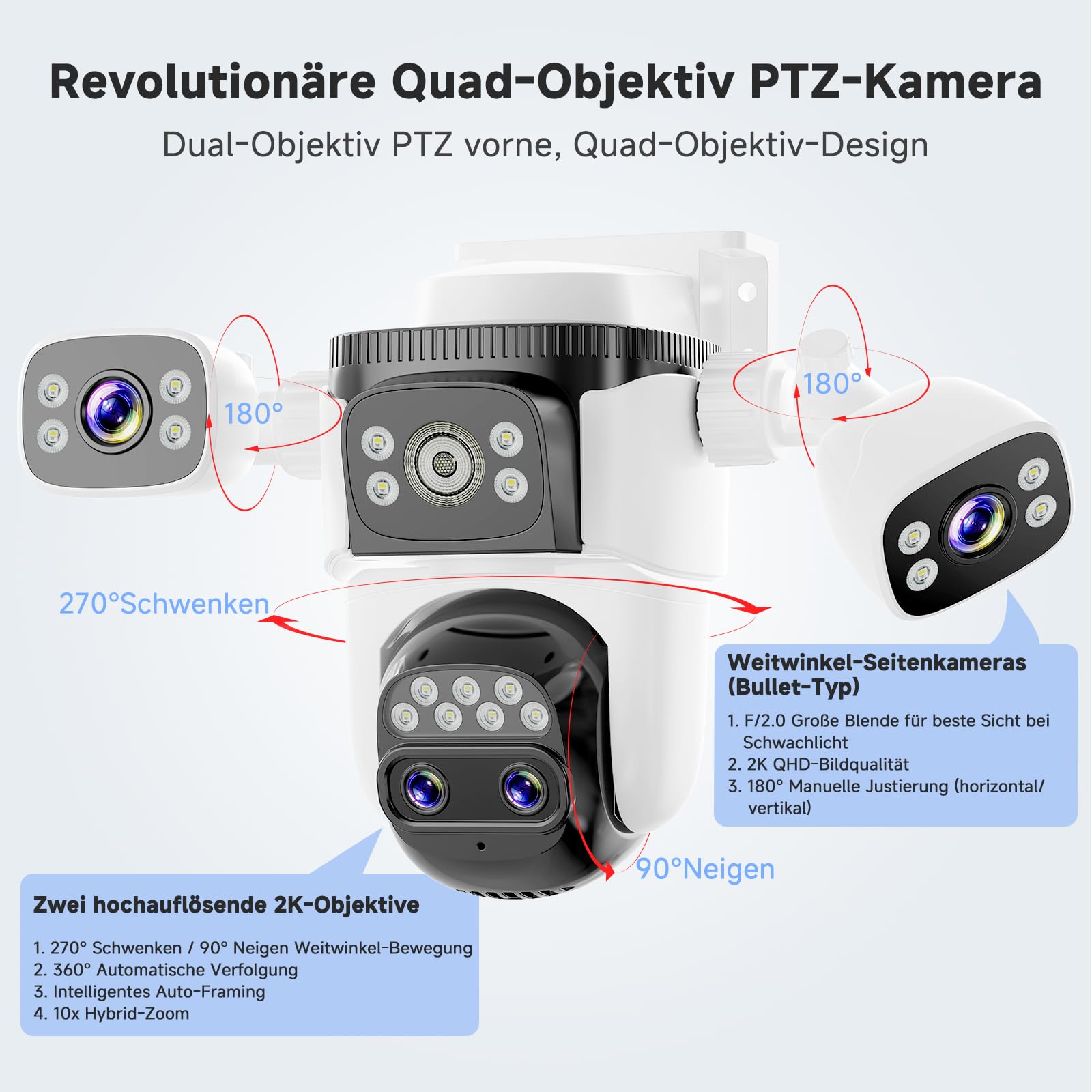 VSTARCAM Telecamera di sorveglianza esterna Wi-Fi, 2K 4 lenti PTZ telecamera con visione a 360°, rilevamento personale e tracciamento, zoom ibrido 10X, visione notturna a colori, audio bidirezionale
