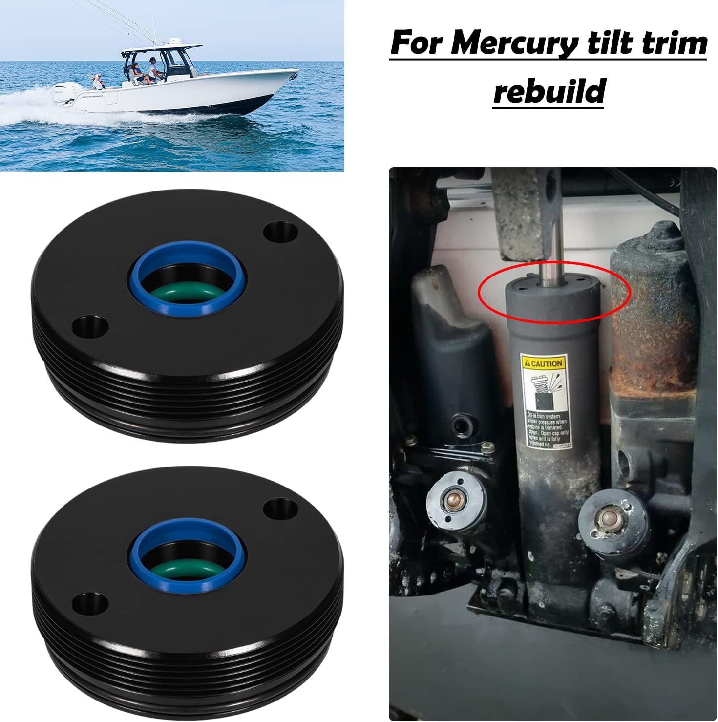 Marine Parts Power Tilt Cylinder End Caps/Glands Seals Kit Fit For Mercury V6 Units Gen 2 & 3 1991-2017 135 150 175 200 225 250 300 HP Verado Optimax EFI Carb replace 878239 FSM042