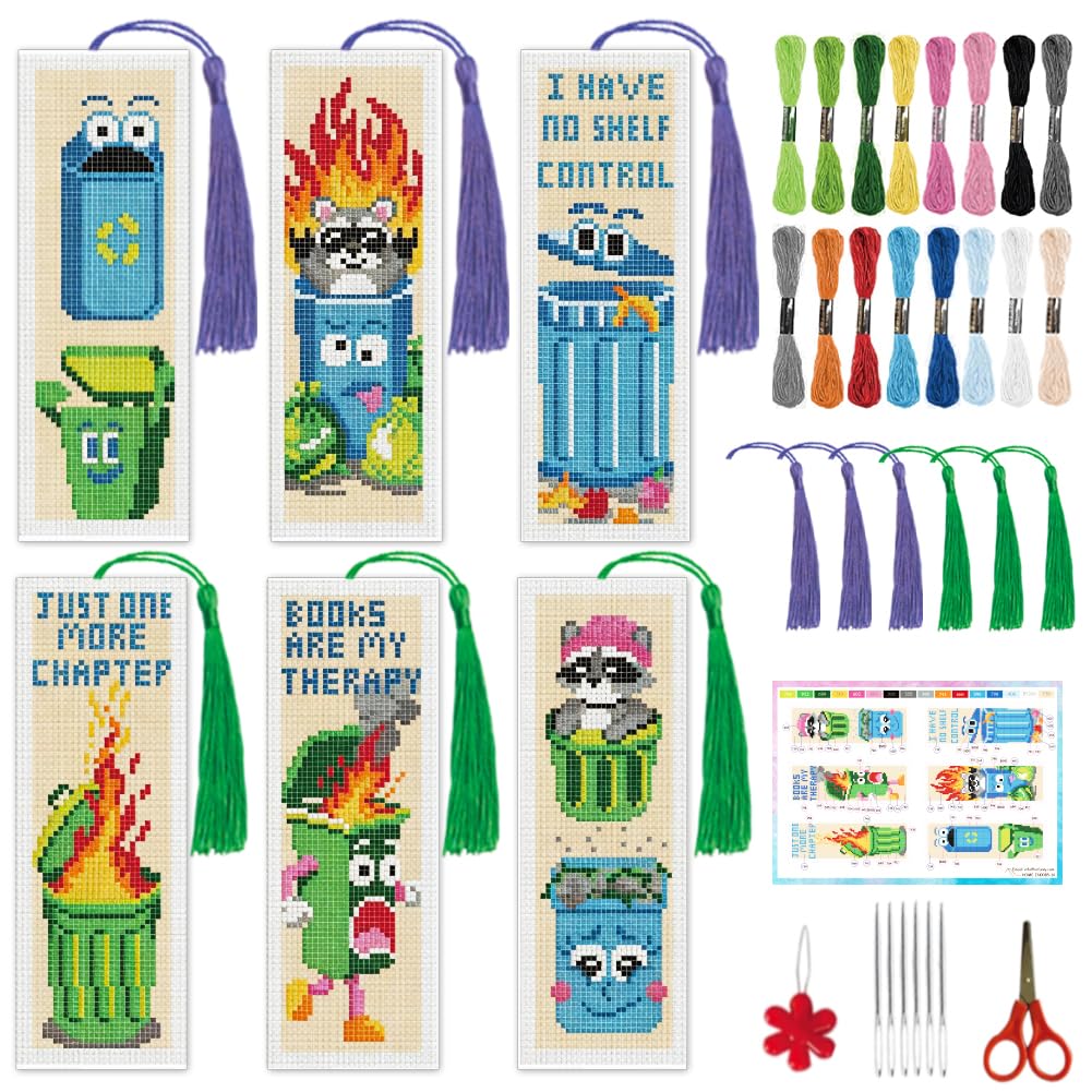 INFUNLY 6 Pcs Garbage Can Stamped Embroidery Bookmark 7.6x21.7 cm Cartoon Raccoon Stamped Cross Stitch Kit for Adults DIY Motivational Quote Stitch Bookmarks Kit for Readers Writers Craft Gift