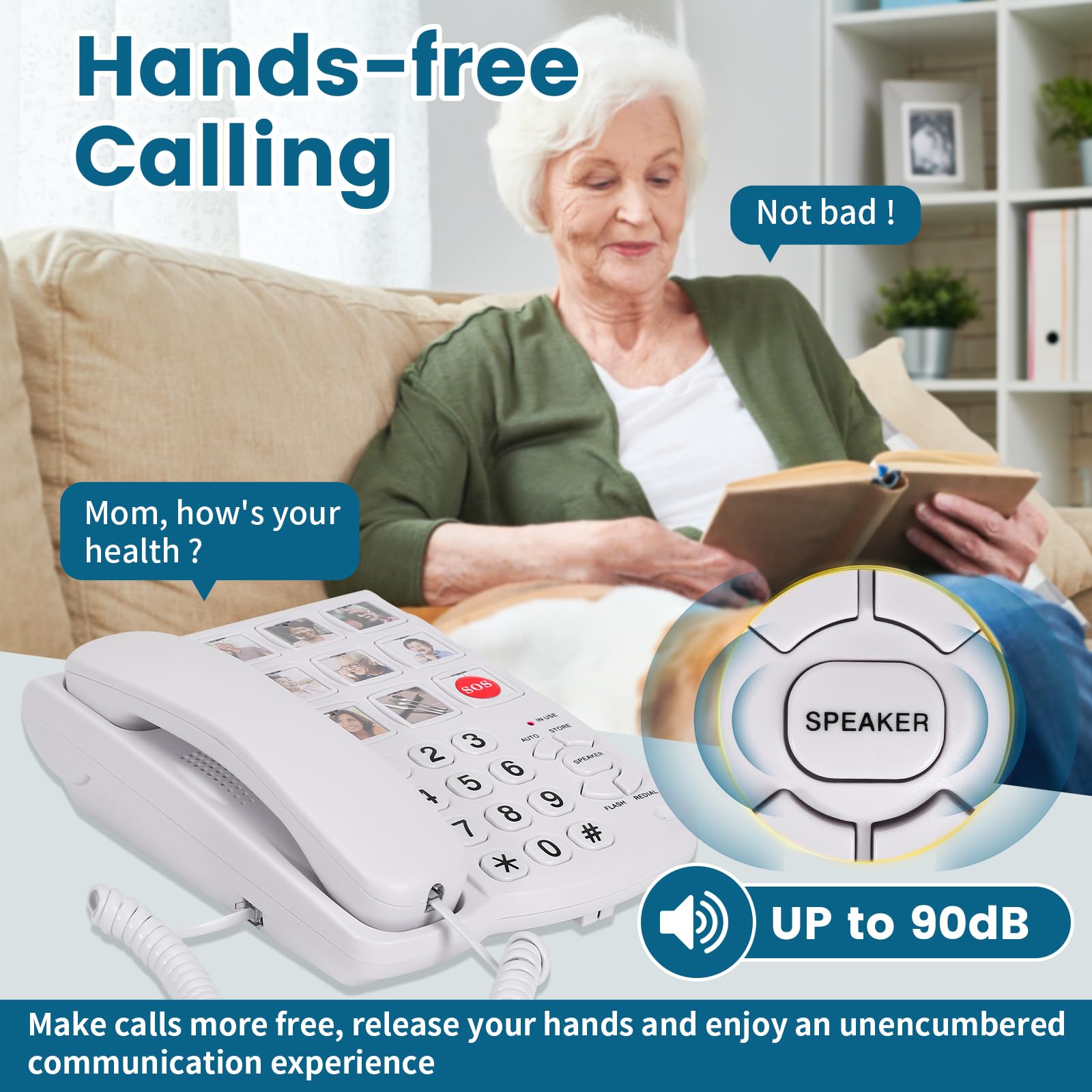 Teléfonos para personas mayores, teléfono de demencia para personas mayores, teléfono fijo con cable de memoria de 9 imágenes para ancianos, dial de un solo toque, timbre amplificado de 110 dB+,