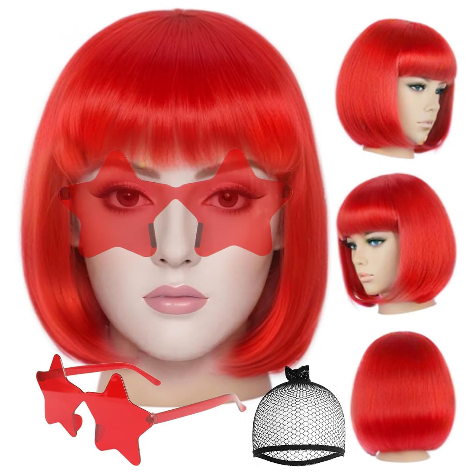 ANOGOL Hair Cap + (Sunglasses) Red Bob Wig with Bangs Womens Red Party Wigs with Star Shape Sunglasses Short Neon Wig Daily Party Outfit Fun Wigs
