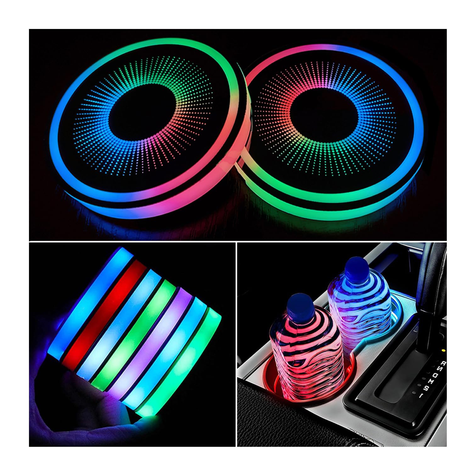VOAKZEF 2 Pcs LED Car Cup Holder Lights, USB Charging, 7 Colors, Luminescent Car Coasters