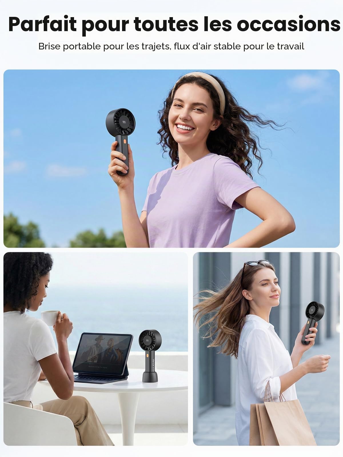 Warmco Ventilateur turbo portable 5000 mAh (jusqu'à 15 h d'autonomie), mini ventilateur personnel à 4 vitesses avec base et cordon, écran LED intelligent, rechargeable par USB, format de poche pour