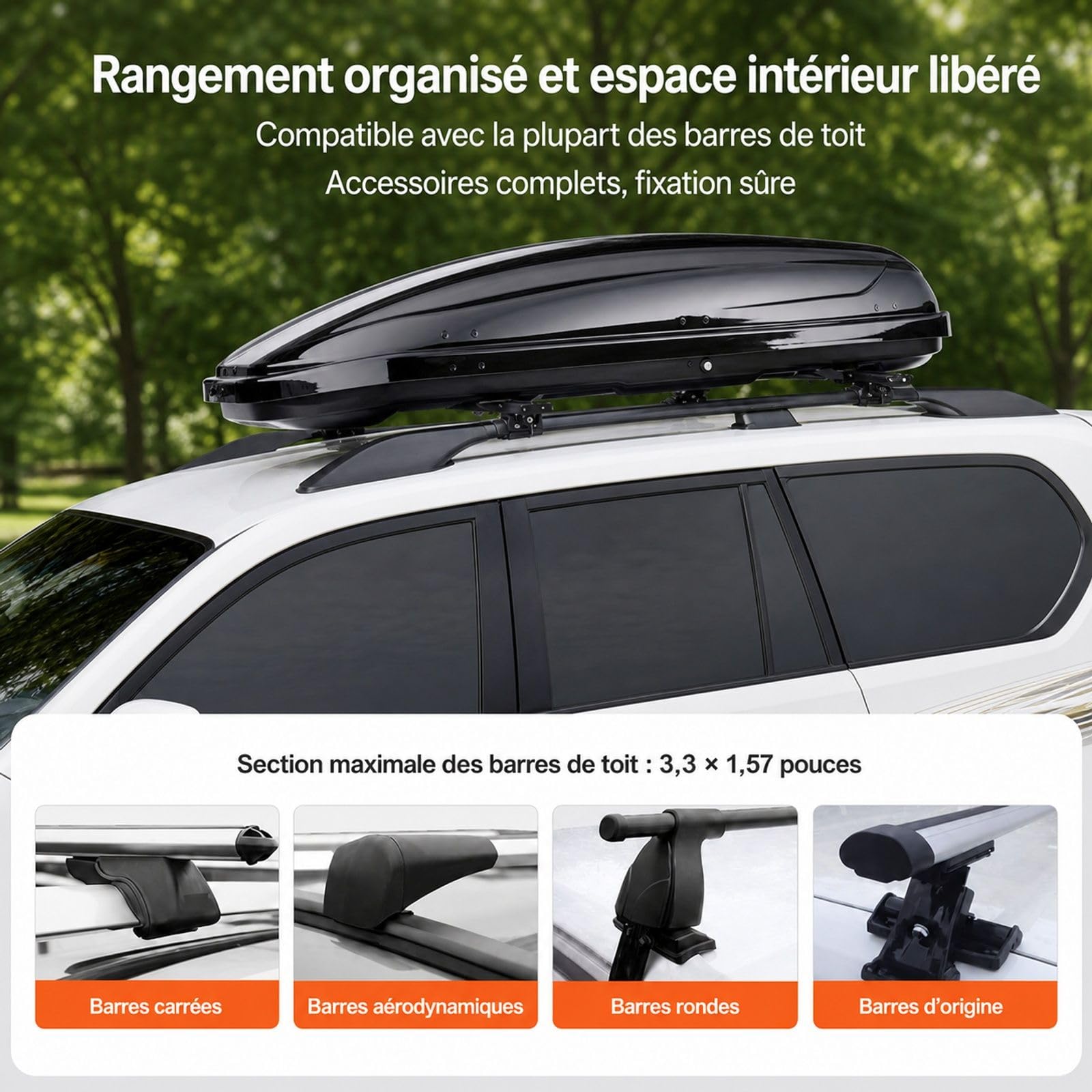 Coffre de Toit 370 L en ABS pour SUV et Voitures, Porte-Bagages de Toit Rigide pour Voyages et Rangement extérieur