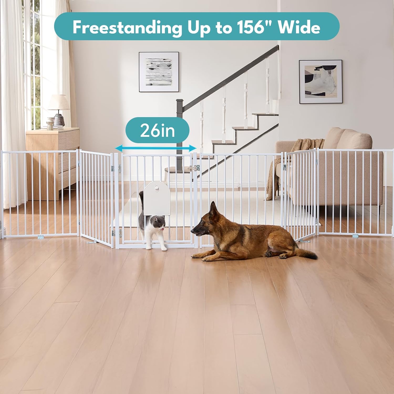 No Pawblems Free Standing Dog Gate with Cat Door 6 Panels + 2 Panels, 30'' Tall Foldable Dog Fence for Indoor & Outdoor, Up to 208 Inch Extra Wide Puppy Gate for Stairs, Hallways, White