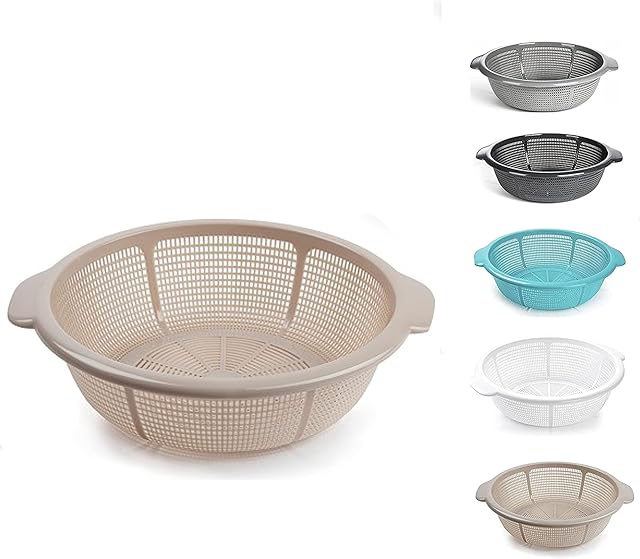 Plastic Colander Food Sieve Strainer Basket for Food Washing Draining Pasta Spaghetti Rice Salad Vegetable Kitchen Cooking Hobby Design 1 (31cm - Taupe)