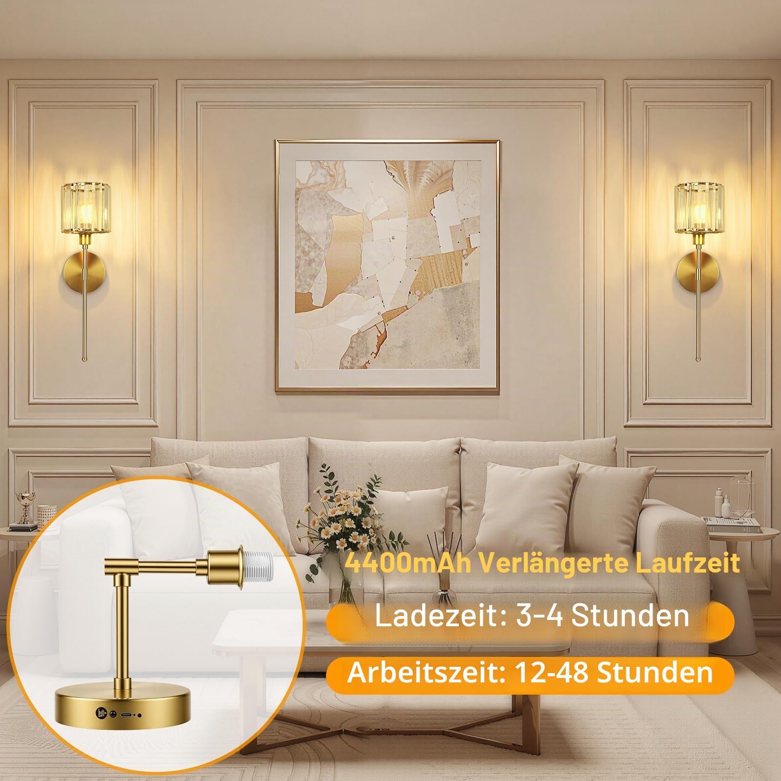LED Wandleuchte Innen Akku 2 Stück - Kristall Wandlampe Innen Dimmbare 3 Farbtemperatur - 45CM Gold Wandlampe mit Schalter und Fernbedienung für Wohnzimmer Schlafzimmer Treppenhaus TV Wand