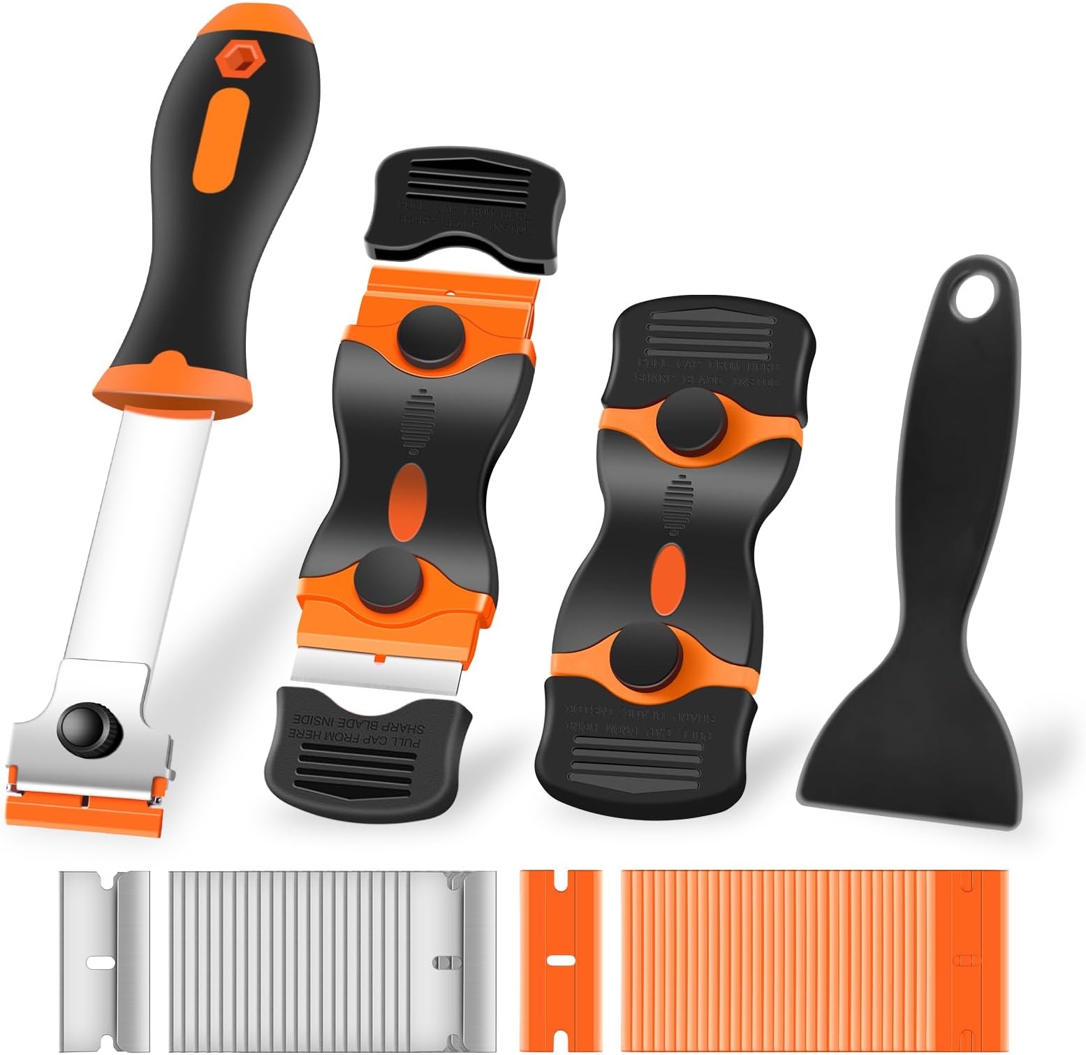 NECAMOCU 4 Pack Razor Blade Scraper, Premium Cleaning Scraper Tool with 50 PCS Metal & Plastic Razor Blades, Multi-Purpose Glass Scraper for Windows, Sticker, Decals, Cooktop, Paint Removal (Orange)