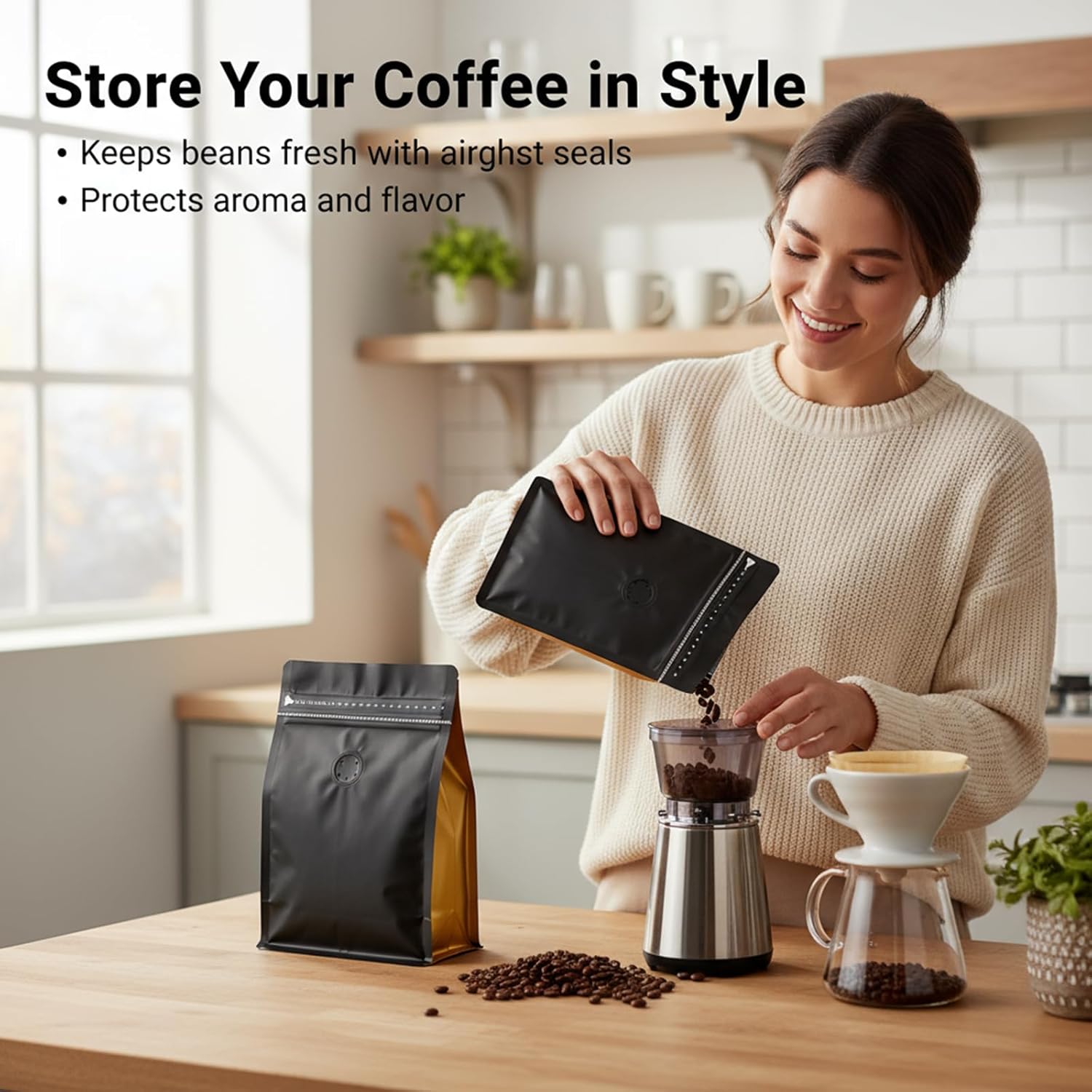 50 Pcs Coffee Bags With Valve Coffee Beans Bag with Heat Sealable Zipper Pouches and Valve Black Yellow Coffee Beans Home Storage Bags-16oz-1lb-500gram