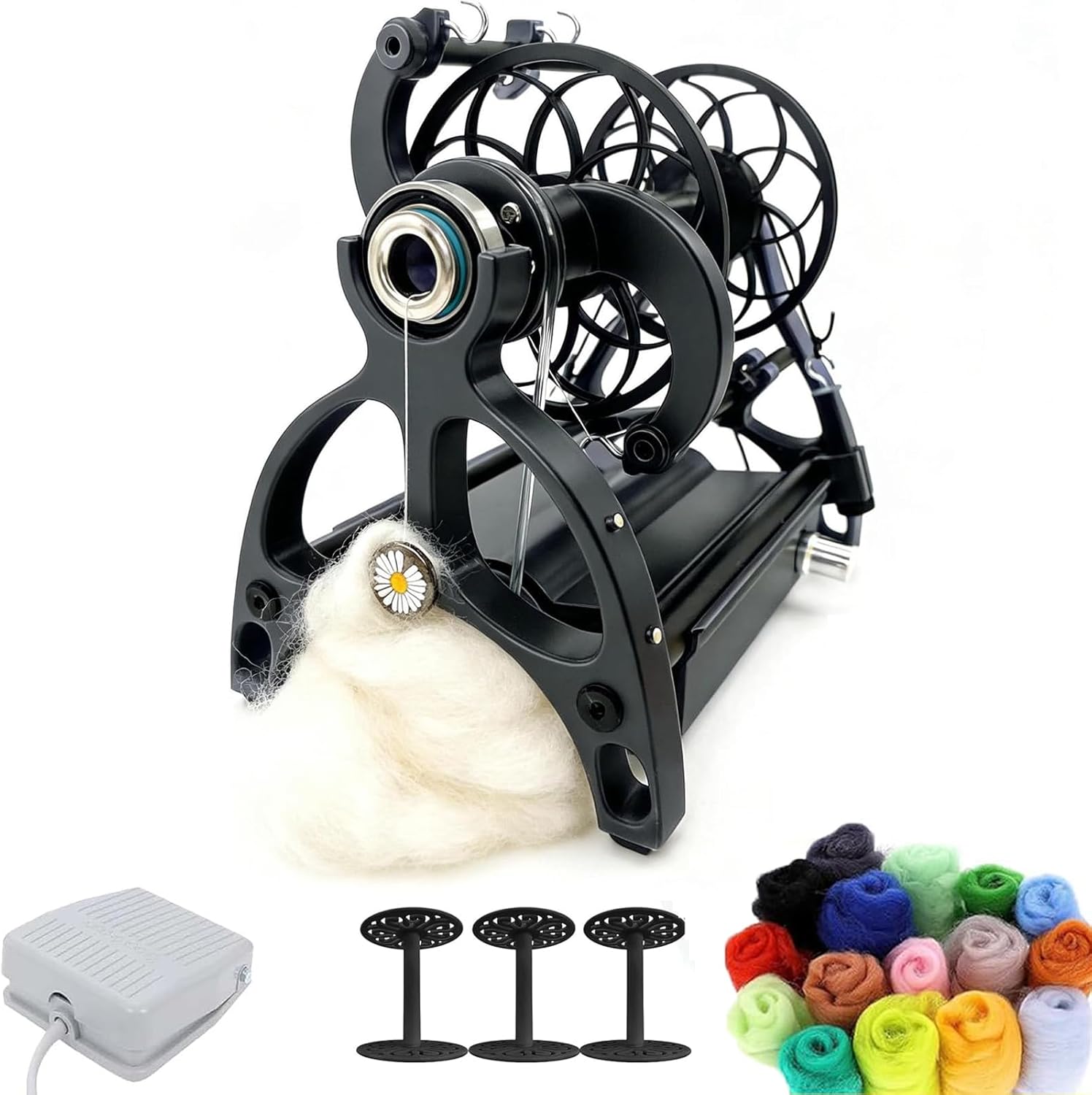 12v Electric Spinning Wheel, Wool Yarn Winding Machine, Adjustable Speed (0-800rpm), 4oz(120g) Fiber Capacity, Forward and Reverse Rotation, with 3 Spools and 1 Footrest, for Yarn Weaving (Black)