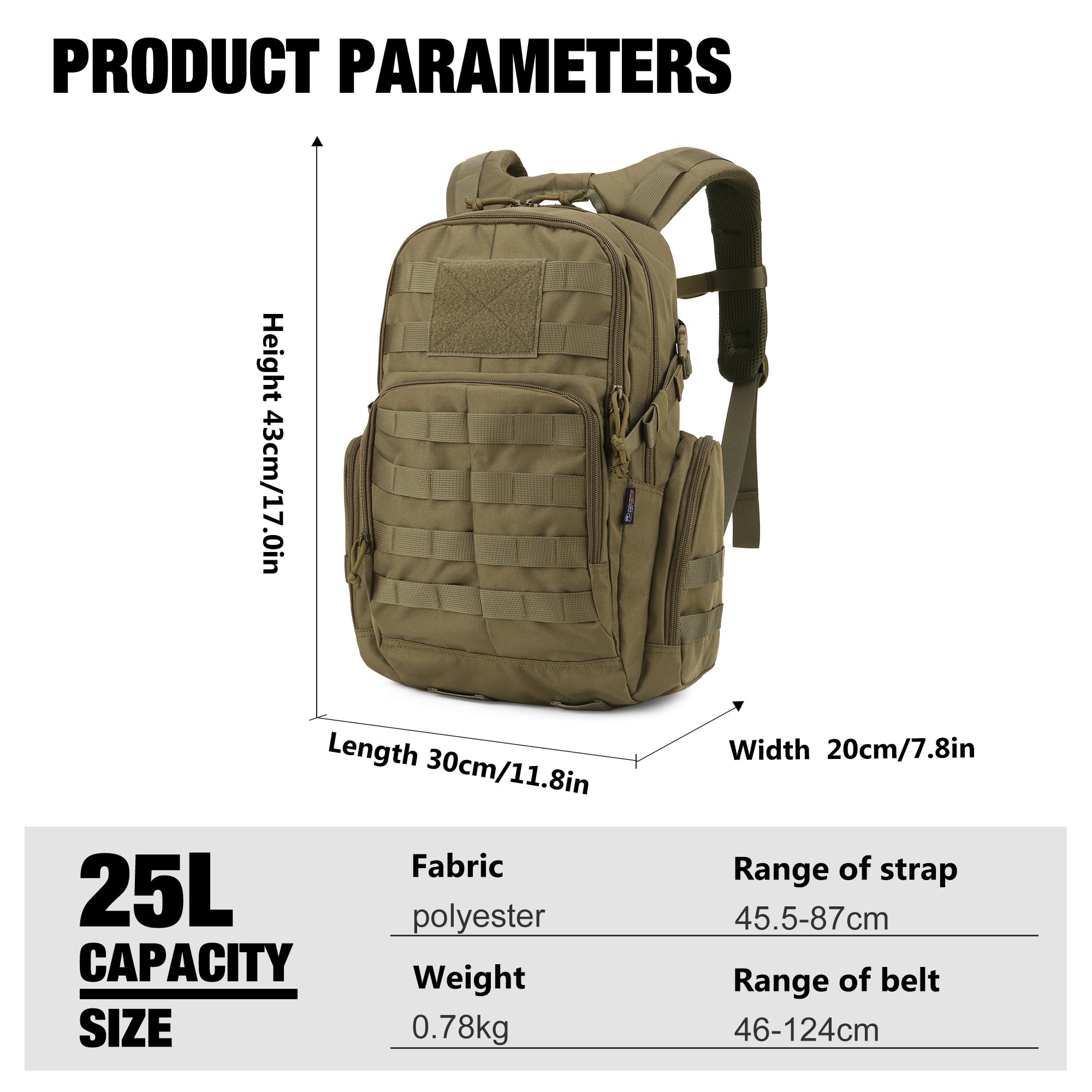 Mardingtop 25L/40L Wojskowy plecak taktyczny plecak podróżny turystyka, Brązowy, 25L, militarny | Torba trekkingowa na sprzęt outdoorowy plecak szturmowy z systemem MOLLE Torba trekkingowa na kemping