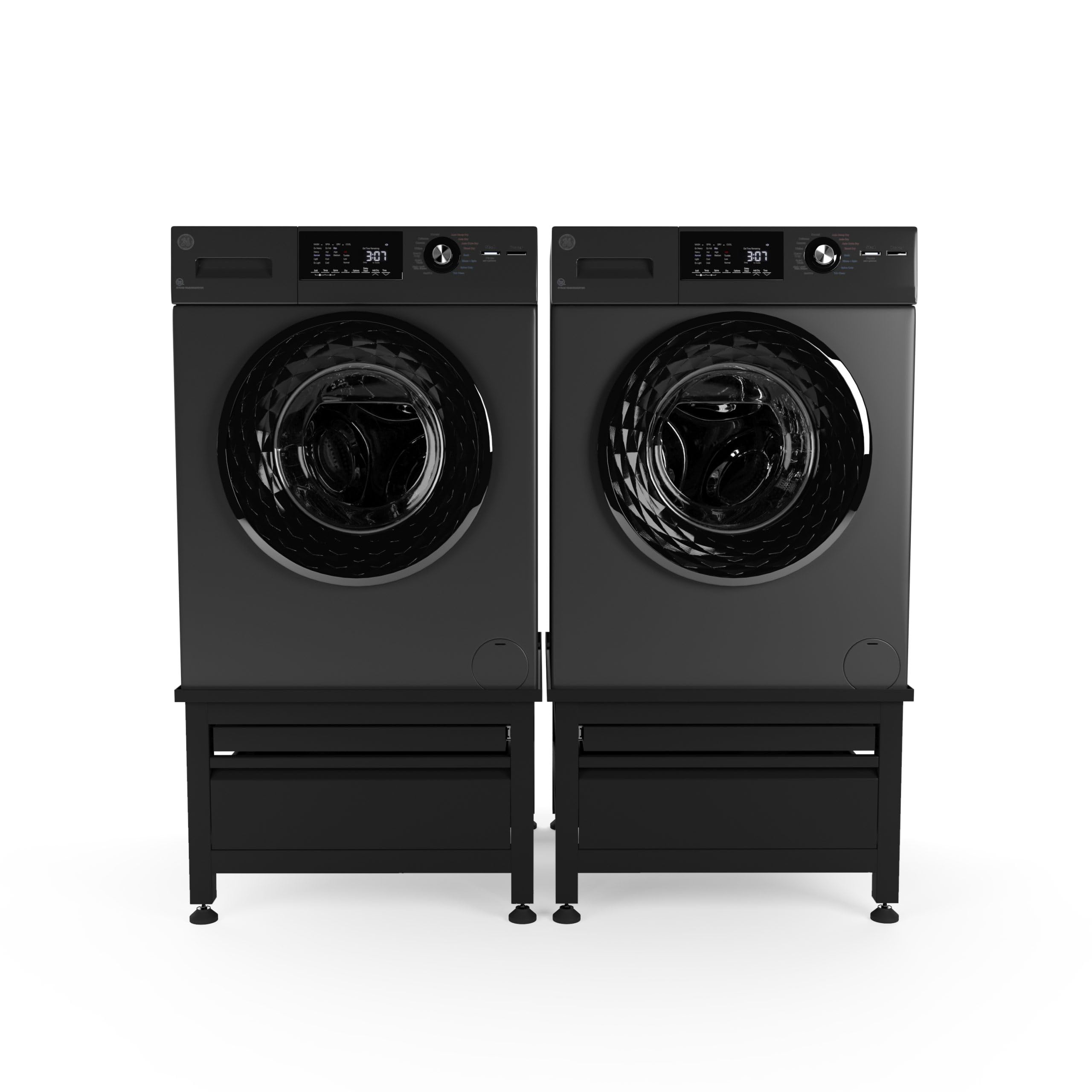 Waschmaschinen Untergestell Doppel mit Schublade und Ablage - Waschmaschinenunterschrank - Waschmaschinen Podest - Schwarz - Universell - 65 * 60,5 (LxB) - Inklusive Wandbefestigungen