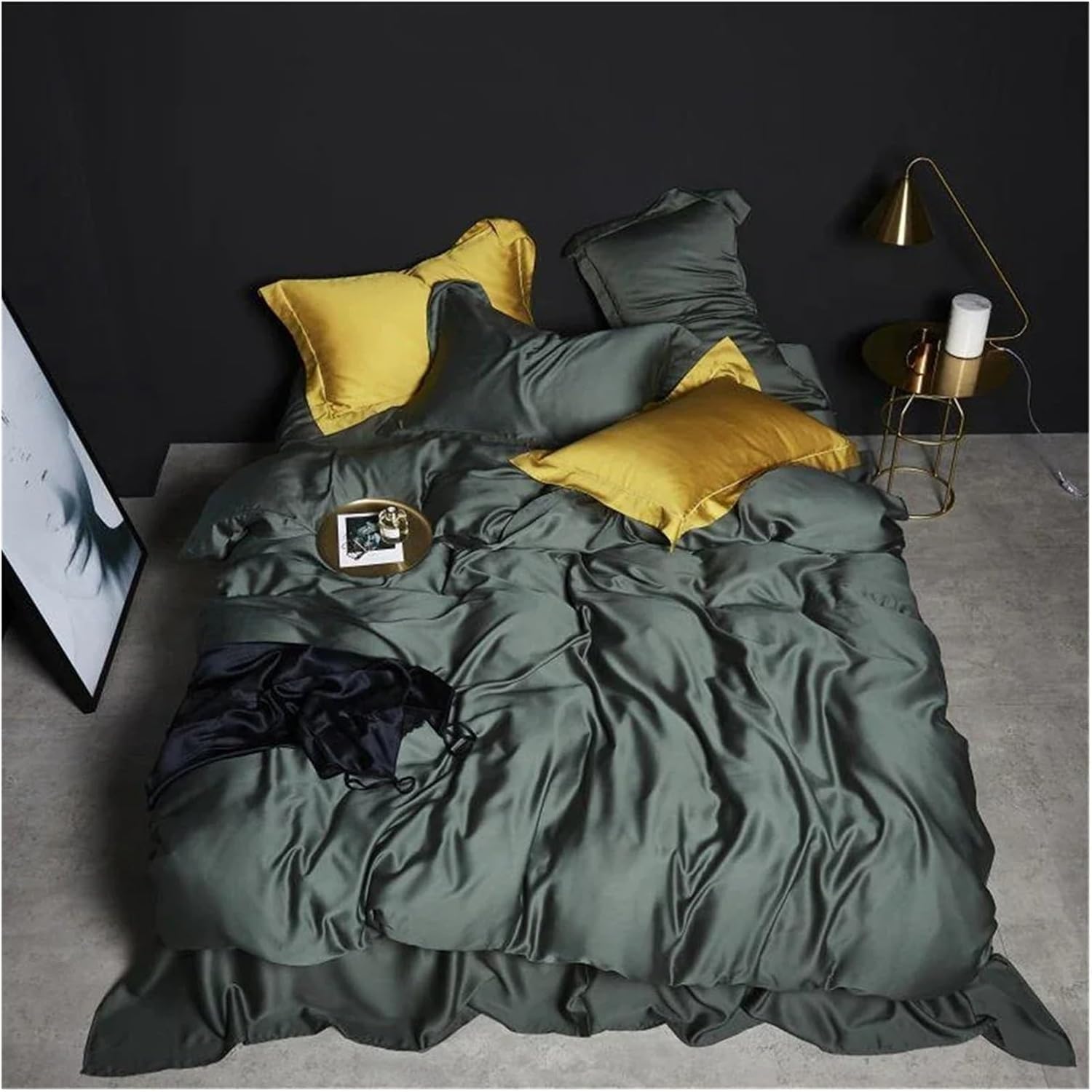 Komplet pościeli Silk Green Beauty Double Queen King, komplet pościeli z prześcieradłem i poszewką na poduszkę, zestaw czterech elementów,(D-Królowa