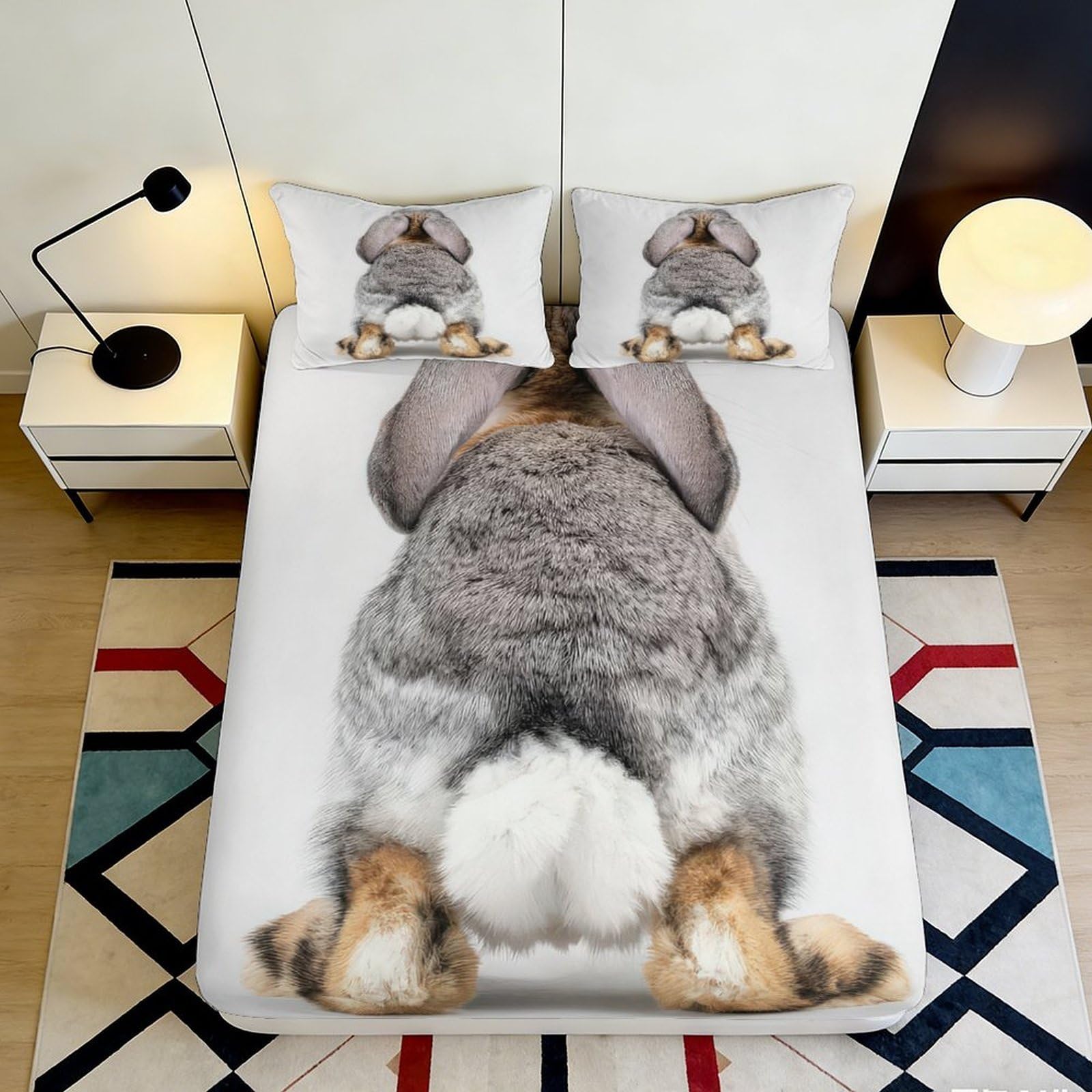 3D Printed Bunny Back Fitted Sheet Microfiber Soft Breathable Rabbit Tail Mattress Cover for Bedroom Dorm Decor 120x200x25cm