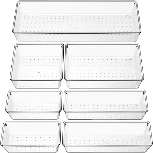 Criusia Organizador de cajones transparente, 7 unidades, 5 tamaños, bandejas de plástico versátiles para cocina y baño, contenedores de