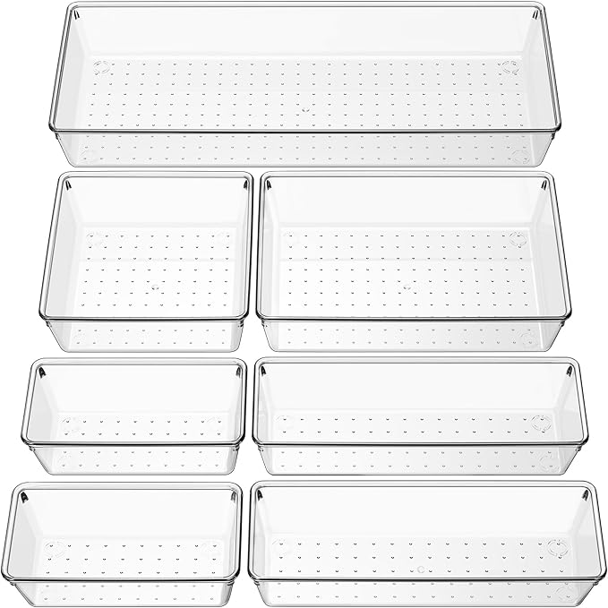 Criusia Drawer Organizer, 10 Pack Large Clear Plastic Set, 3 Size Versatile Bathroom and Vanity Organizer Trays, Storage Bins for Makeup, Bedroom, Kitchen Utensils