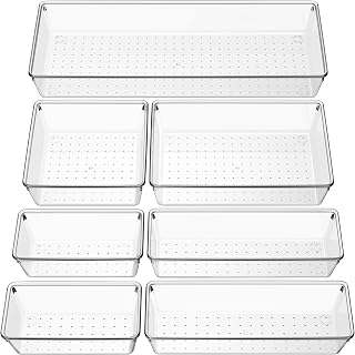 Criusia Clear Drawer Organizer 7 PCS - 5 Size Plastic Versatile Kitchen and Bathroom Organizer Trays, Non-Slip Storage Bins for Makeup, Utensils, Tool and Office Desk